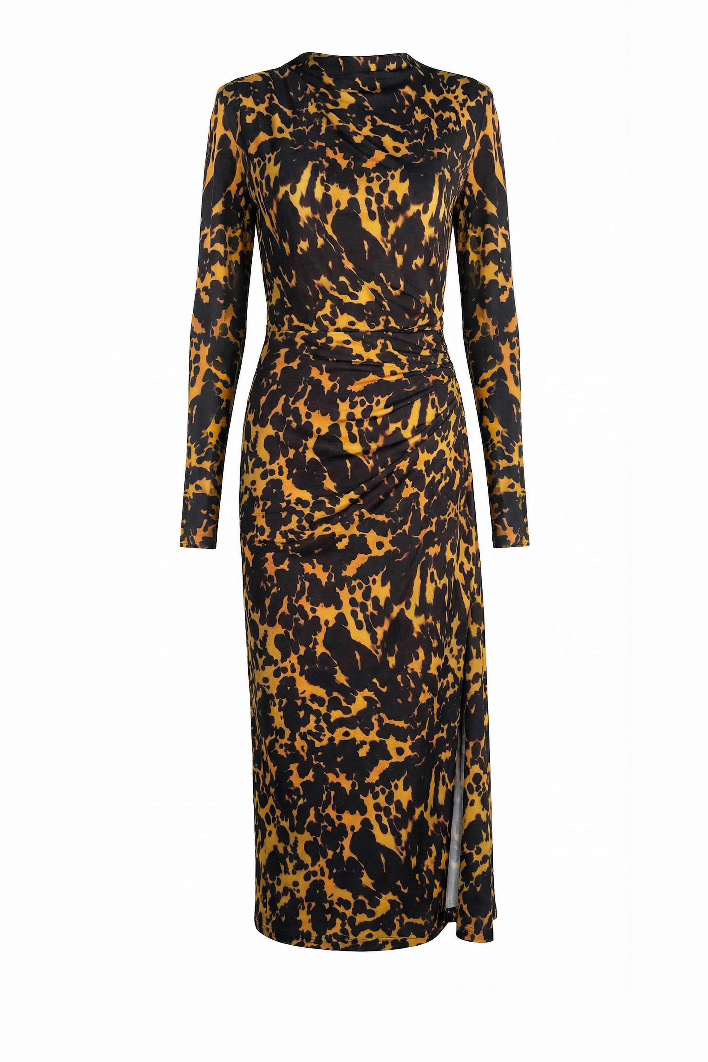 Front view of an abstract black and amber animal print midi dress with long sleeves and pleated waist detail, ghost mannequin style.