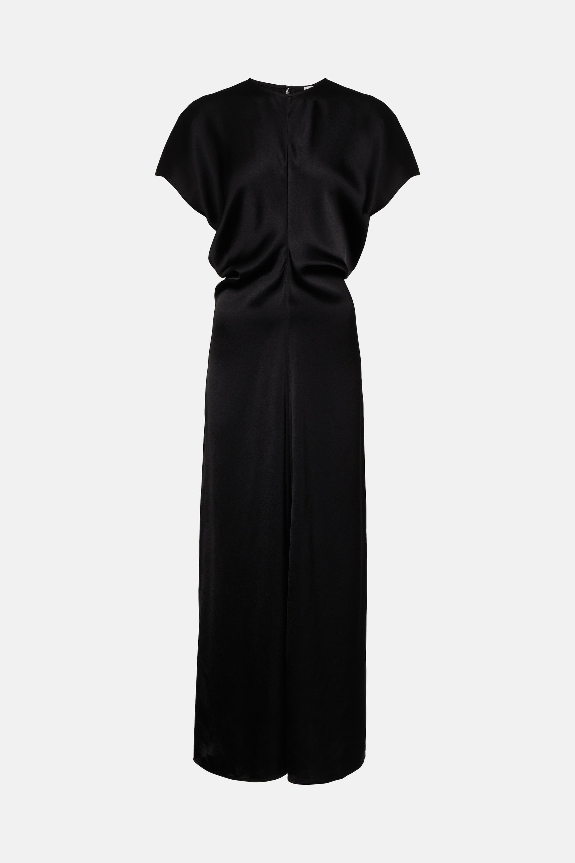 Sleek black maxi dress, front view, cap sleeves, elegant drape, simplistic design.