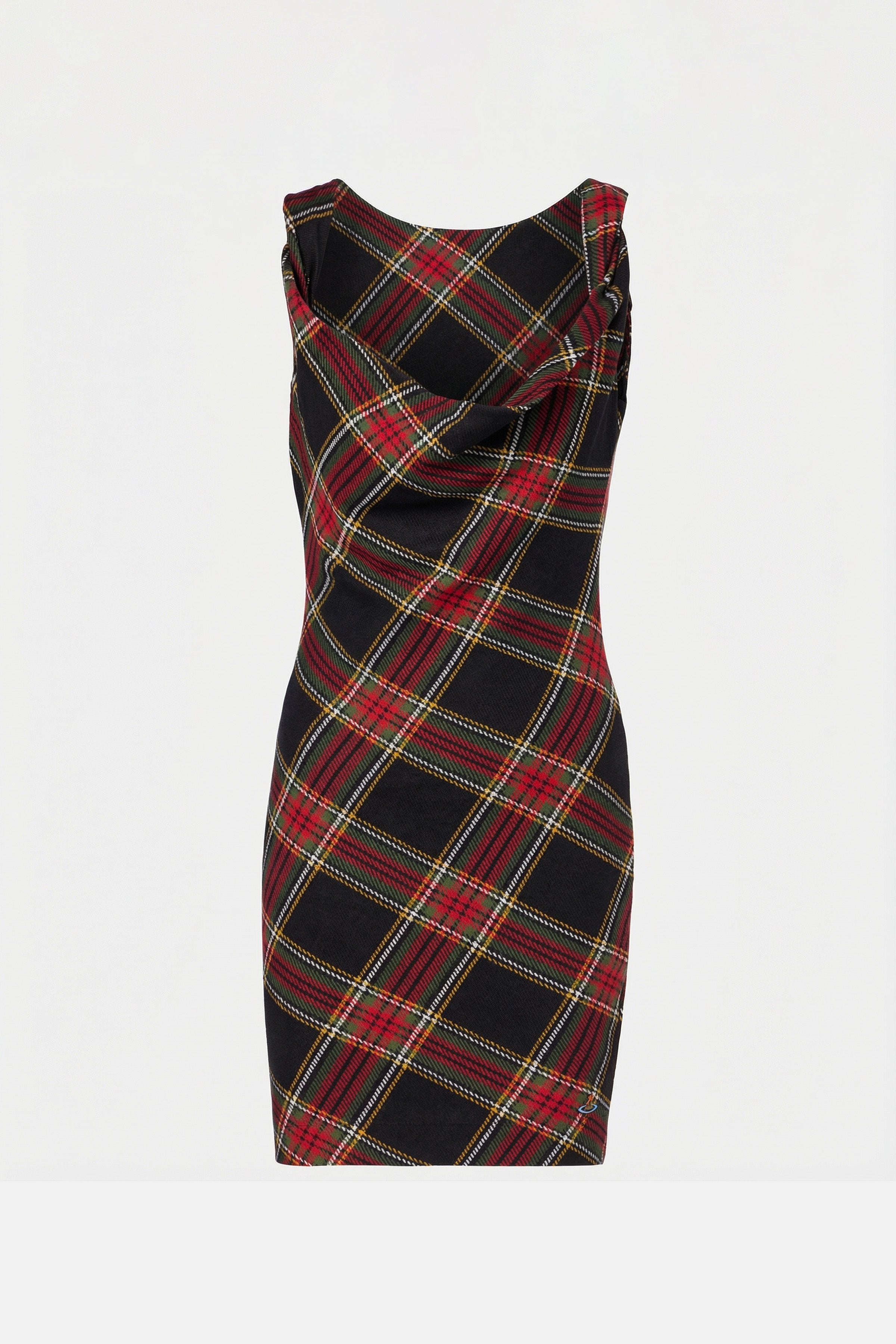 Sleeveless mini dress with plaid design and front draping. Front view.