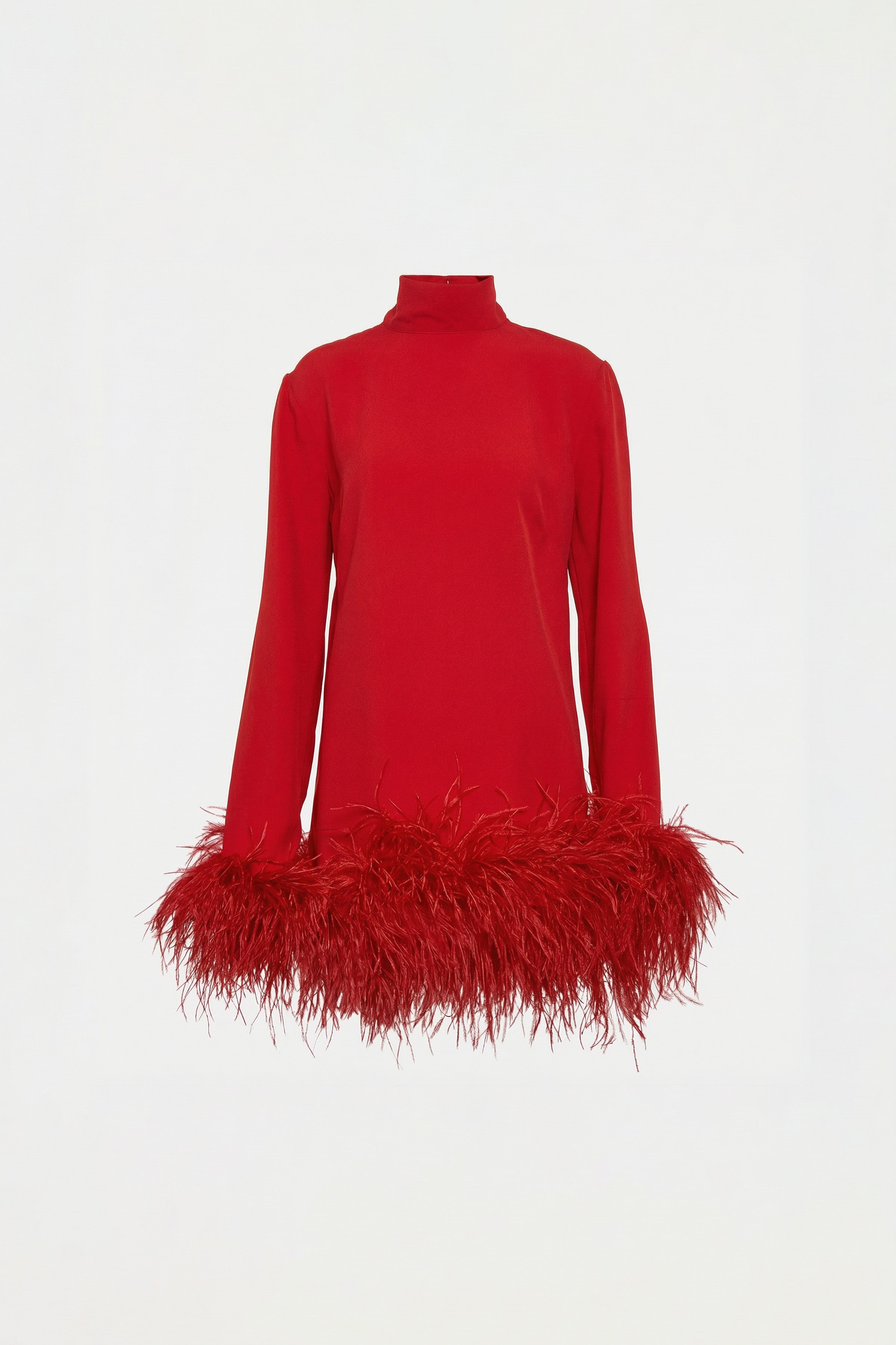Front view of a red dress with feather trim at hem and cuffs.