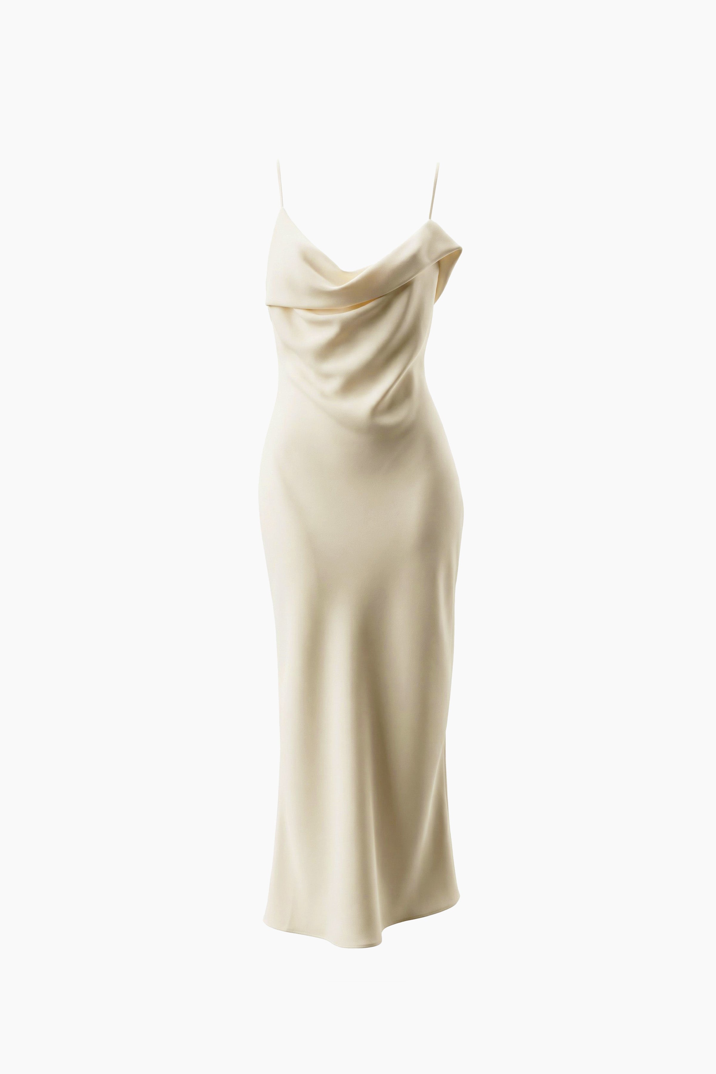 Front view of ivory silk cowl neck slip dress with elegant draping.
