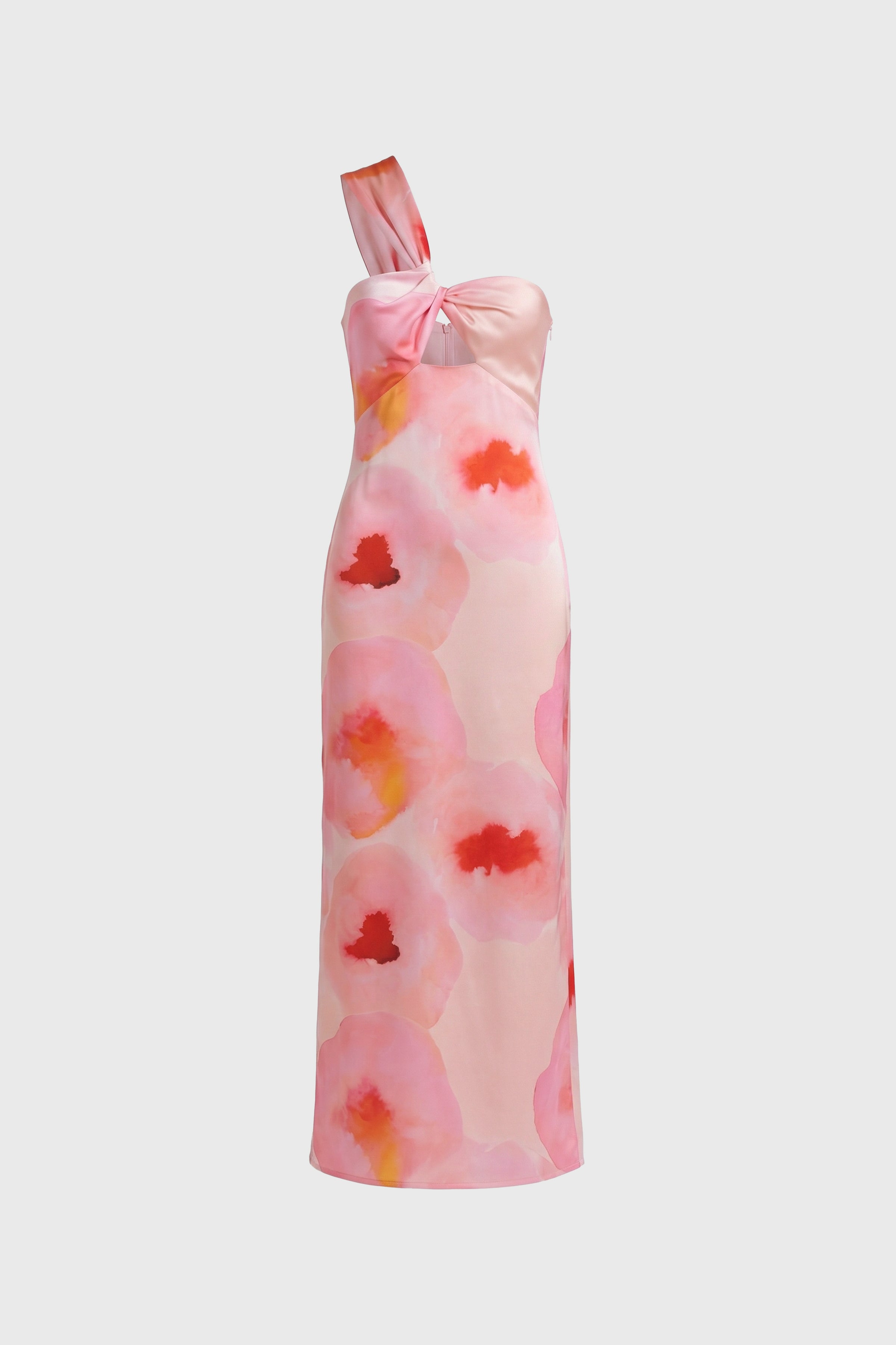 Front view of watercolor one-shoulder dress with pink and orange floral pattern.