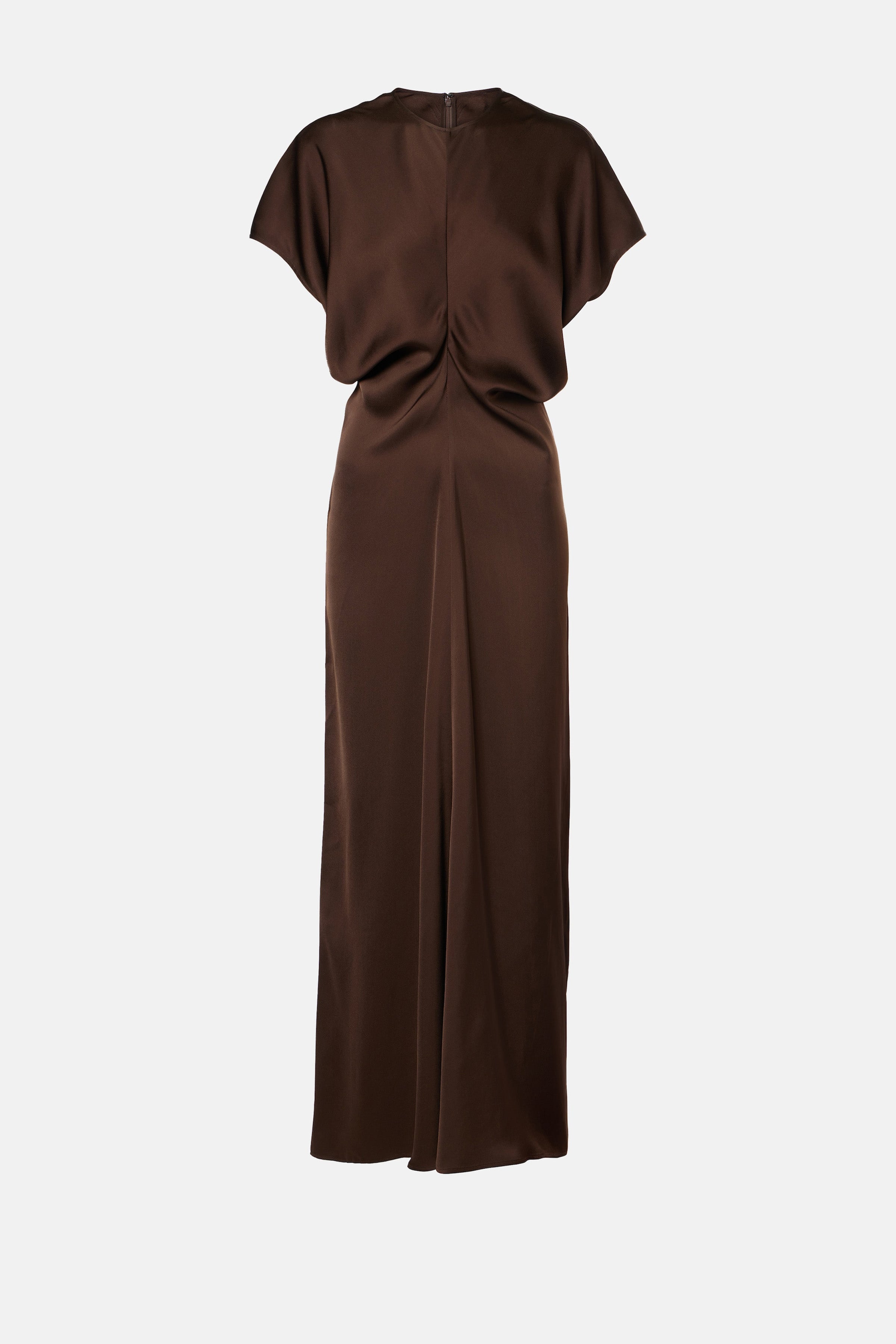 Chocolate satin maxi dress with short sleeves and a gathered front detail.