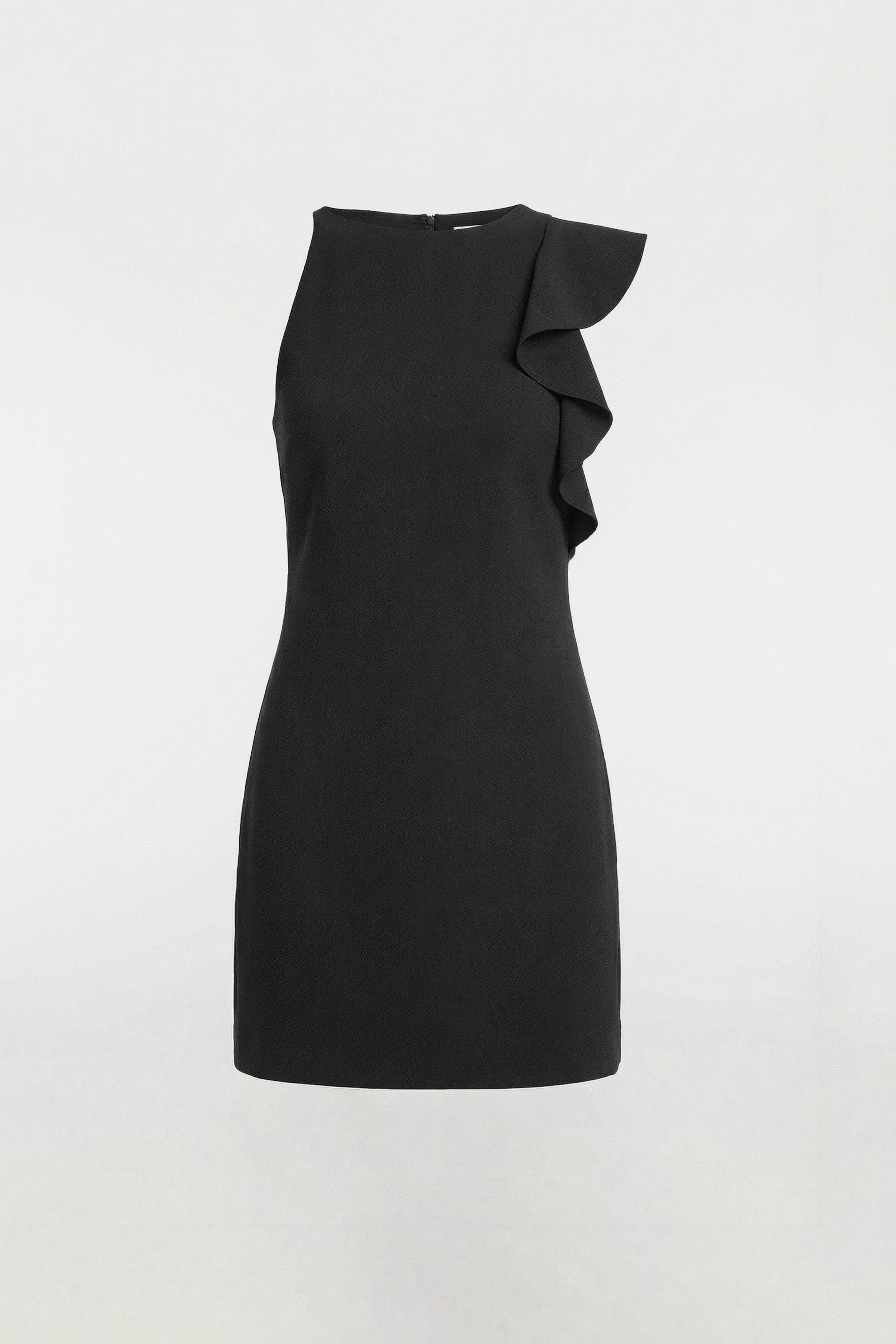 Black ruffle shoulder mini dress, sleeveless, front view. Elegant and sleek design.