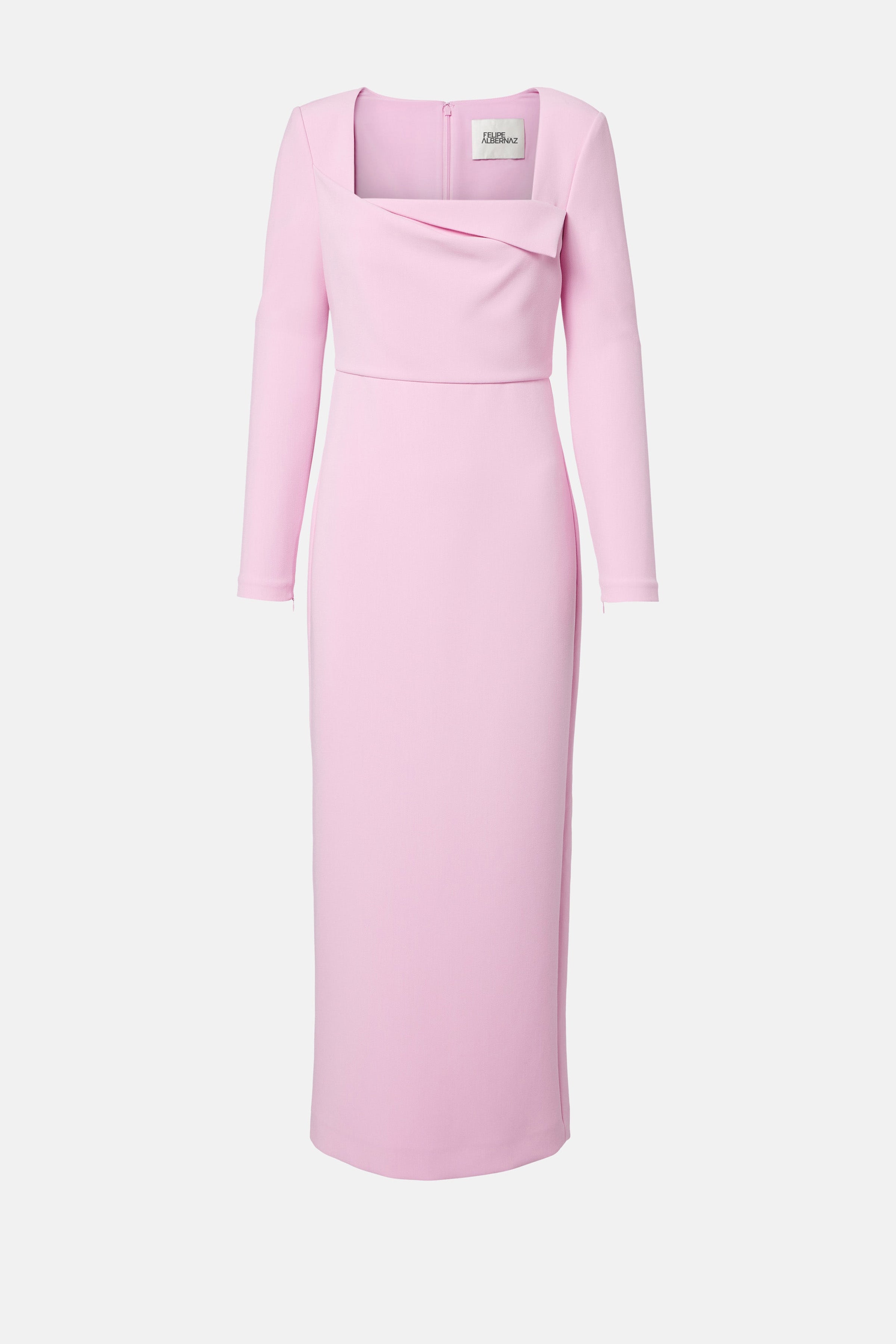 Blush pink midi dress with long sleeves, square neckline, and elegant draped detail.