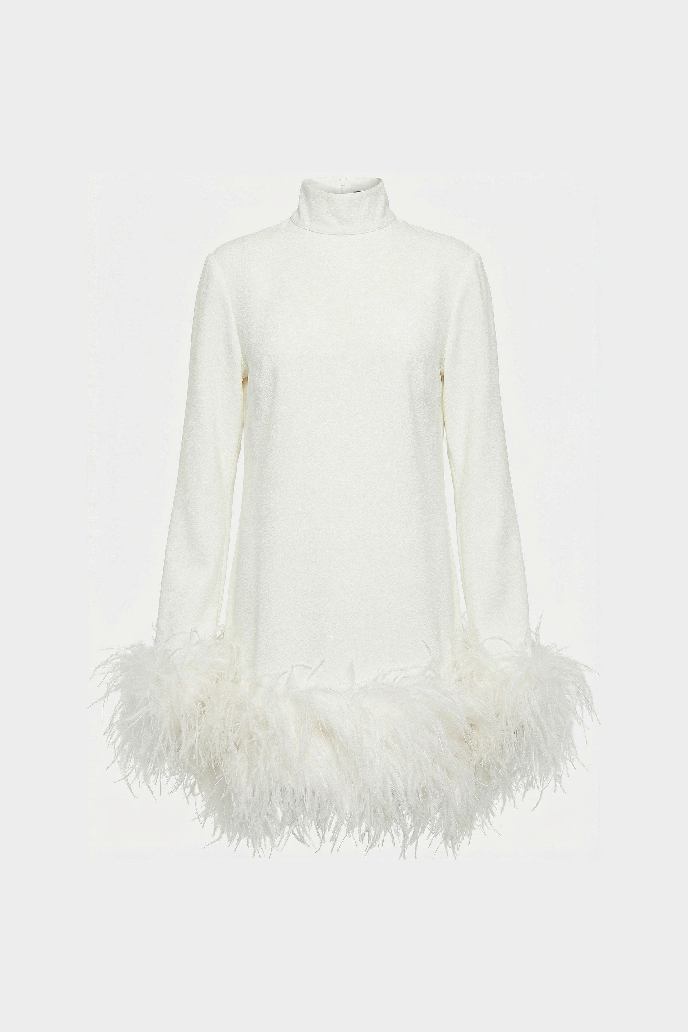 White mini dress with feather trim, high neckline, long sleeves, front view.