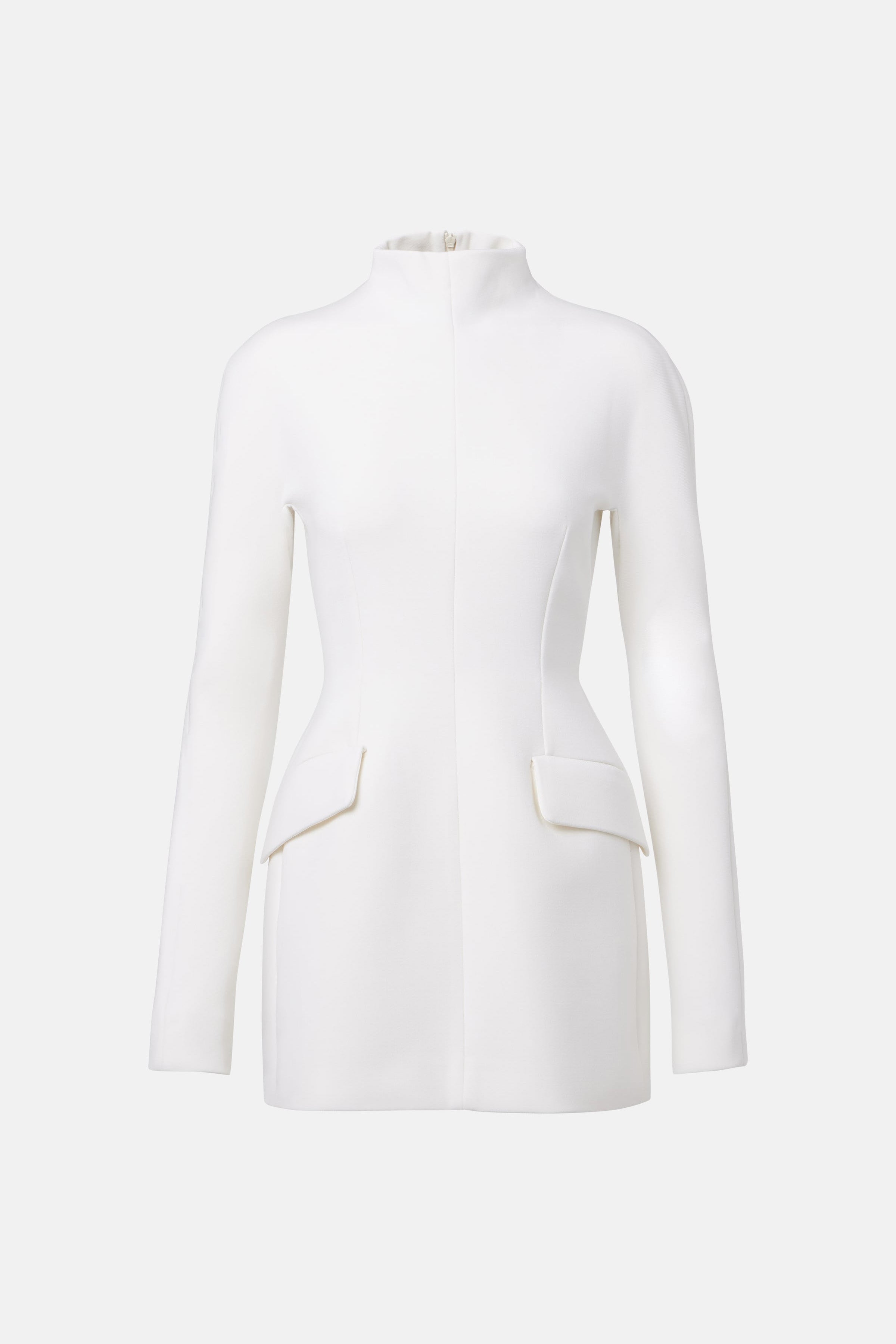 Front view of white structured mini dress with high neckline and pocket details.