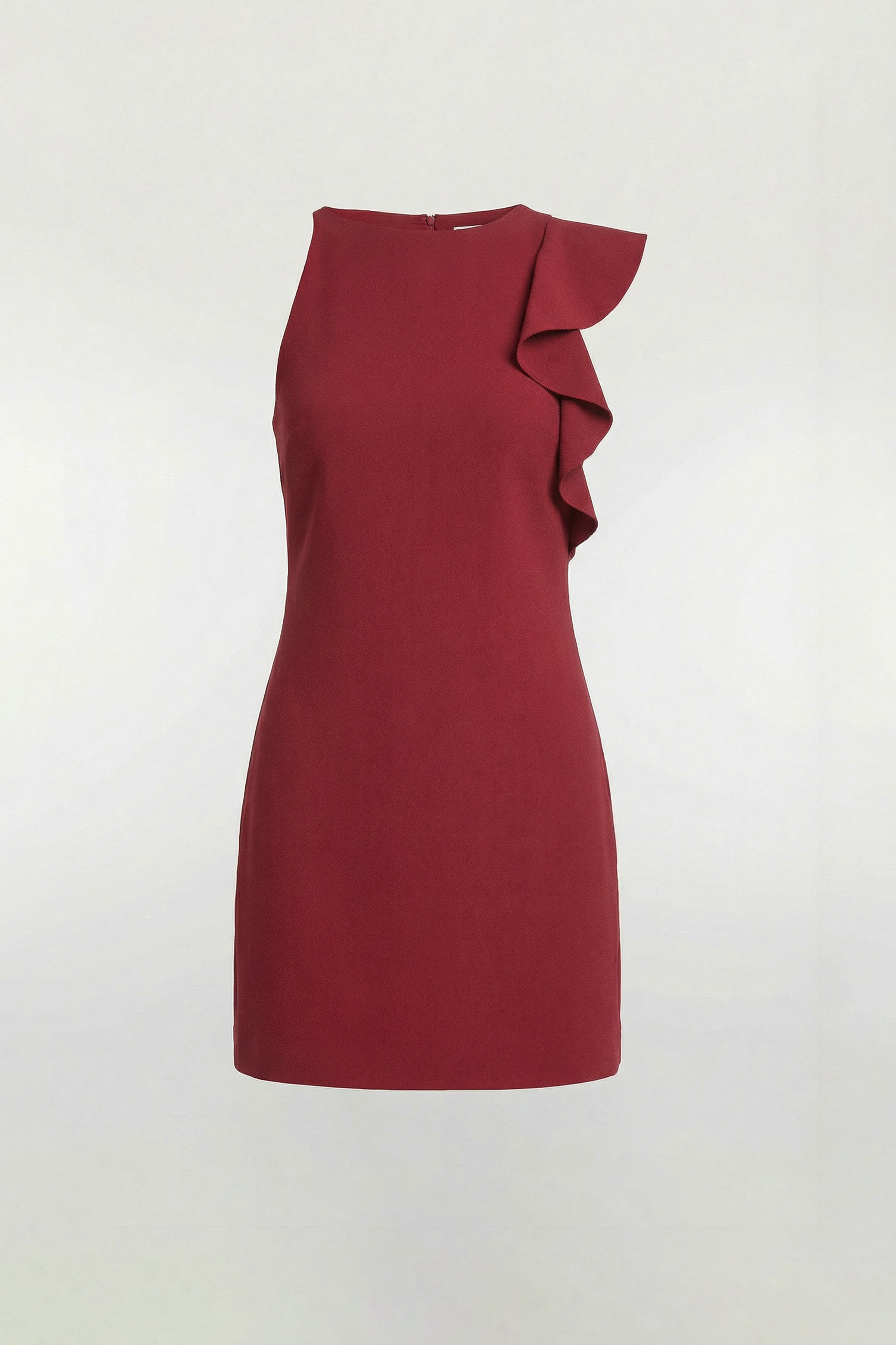Scarlet mini dress with ruffled shoulder, sleeveless, elegant fitted design, front view.