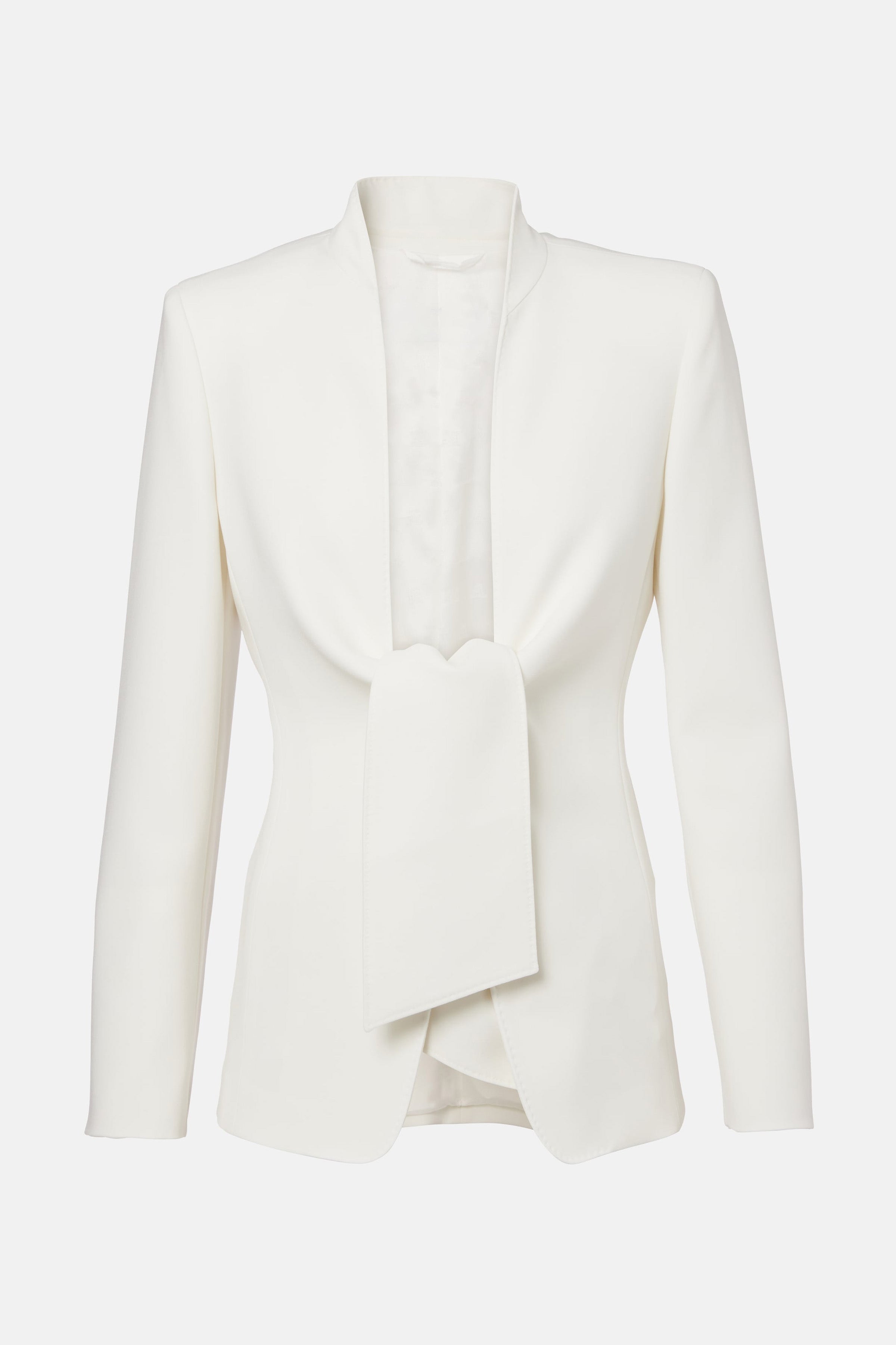 Ivory tie-front suit jacket, front view with draped detail, long sleeves, minimalist design.