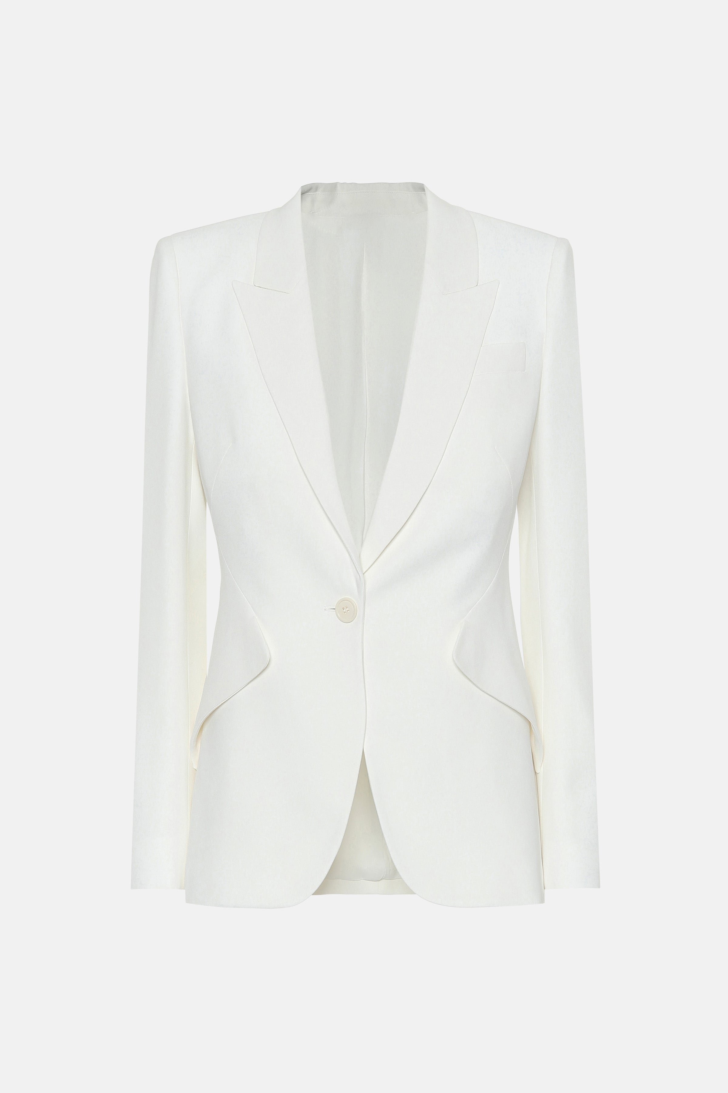 Ivory tailored blazer, front view, single button, notched lapel, side seam detailing.
