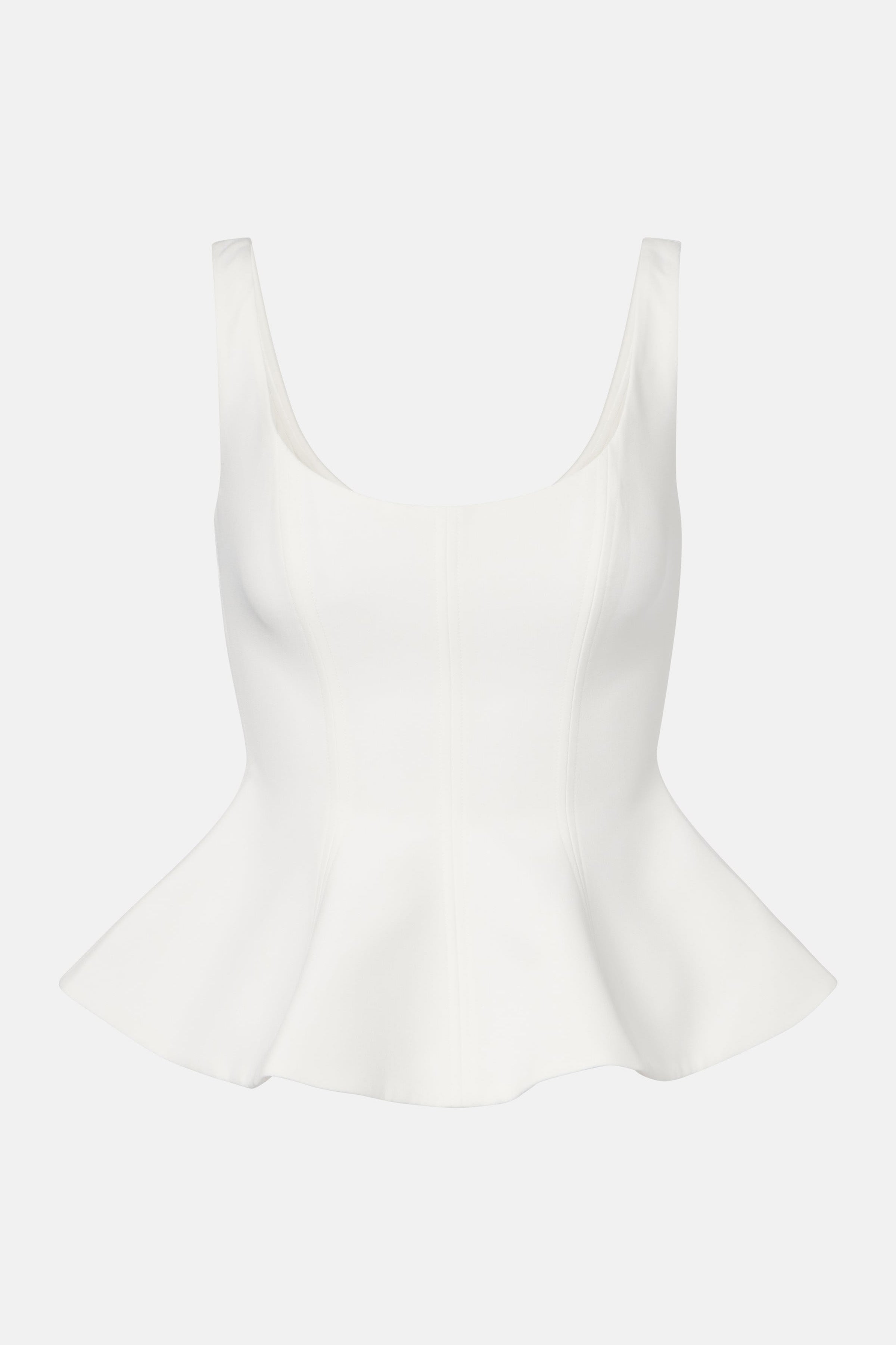Ivory peplum top, front view, sleeveless, scoop neckline, fitted bodice, flared hem.