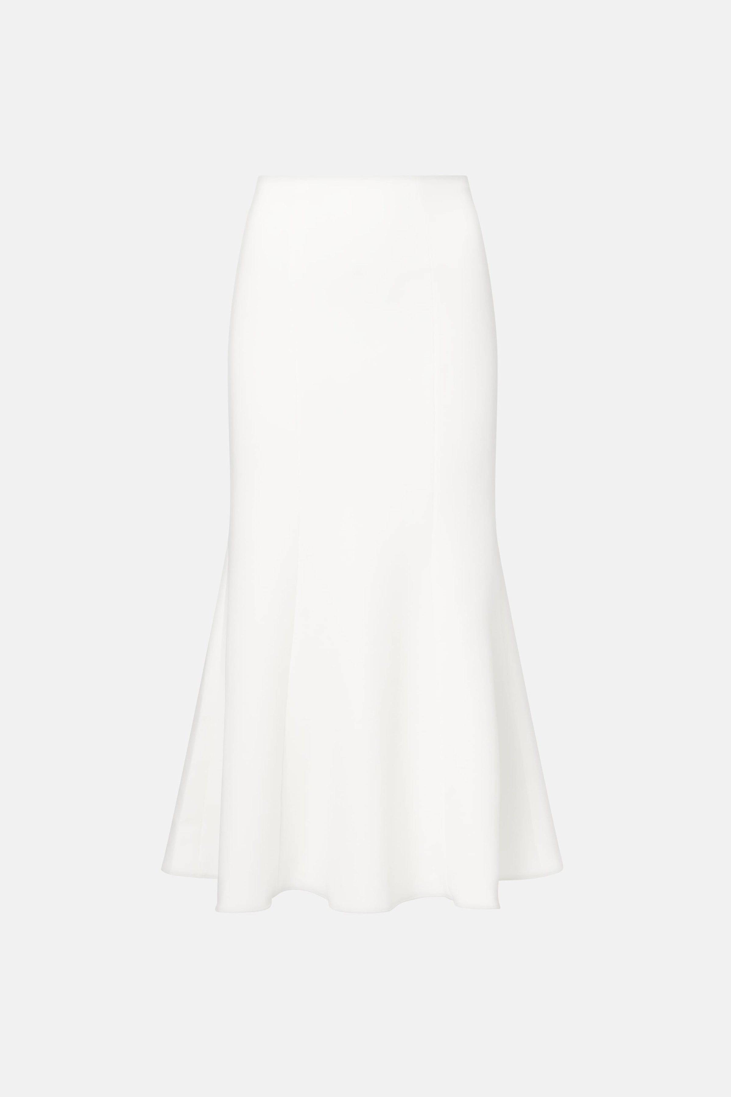 Ivory Elegance Midi skirt, front view, fitted waist, flared hem, minimalist design.