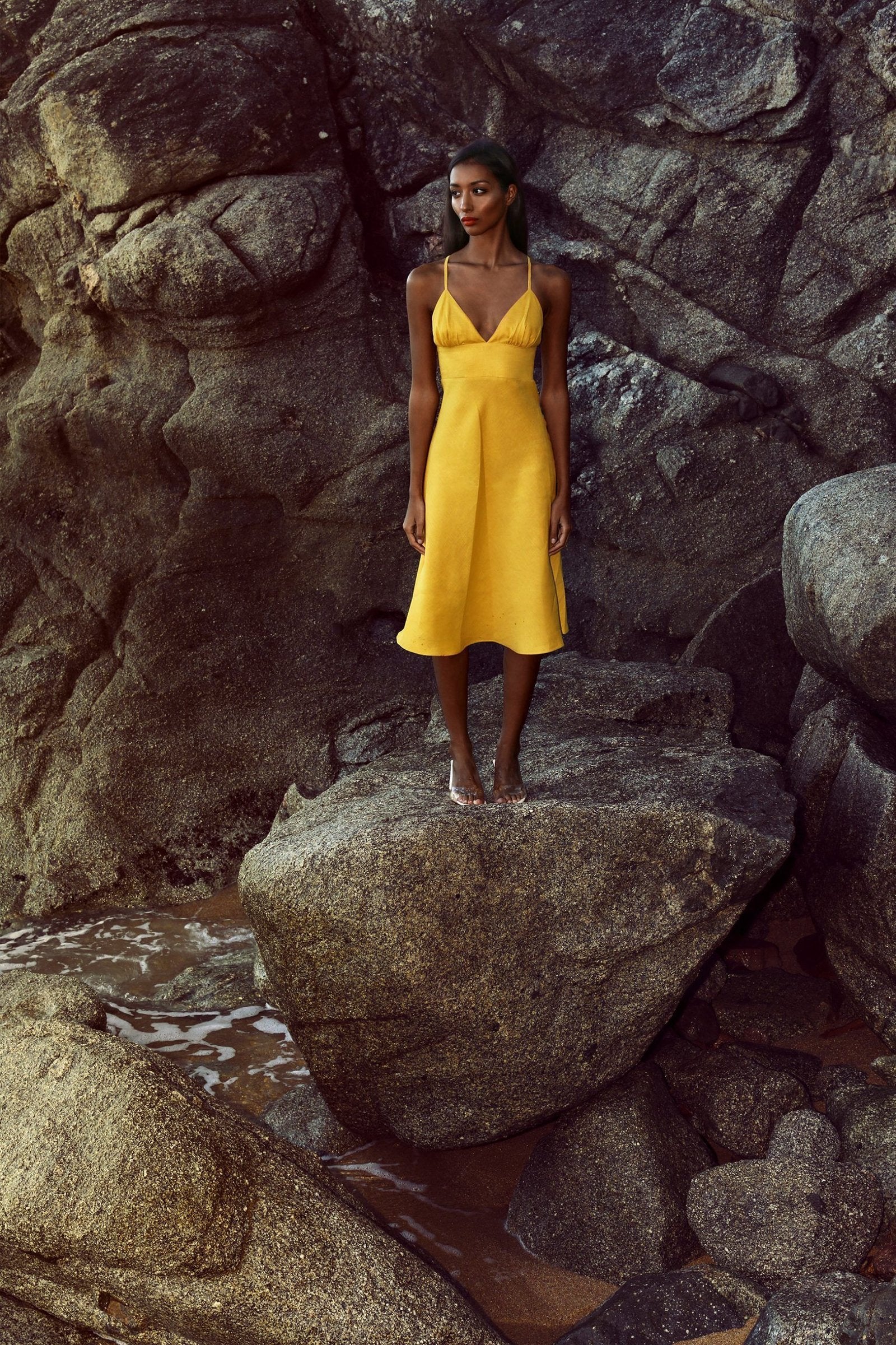 Mustard Linen Strap Dress Made in Spain | FELIPE ALBERNAZ Mustard Linen Strap Dress Made in Spain | FELIPE ALBERNAZ