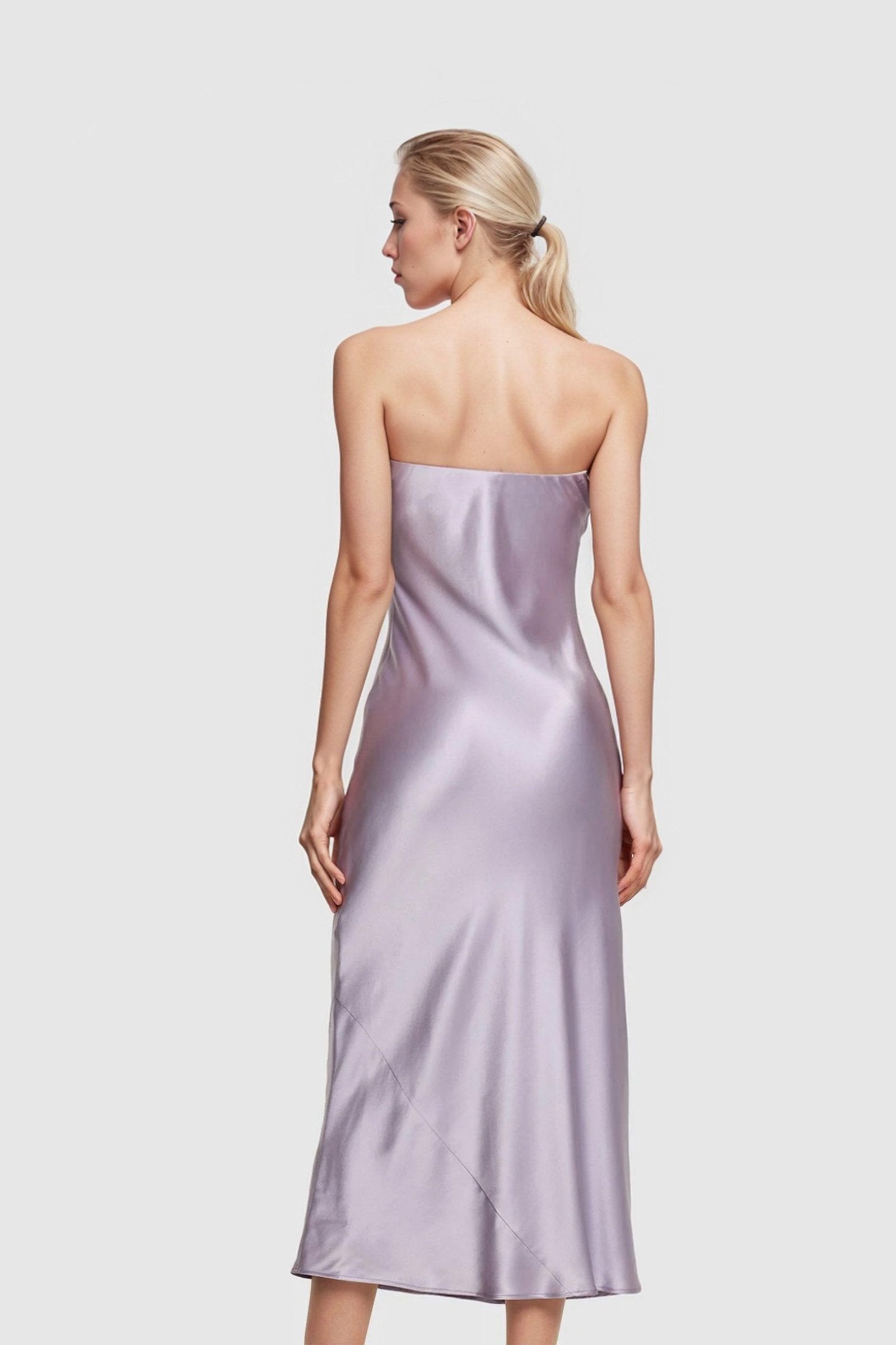Purple satin strapless dresses with chic A-line fit