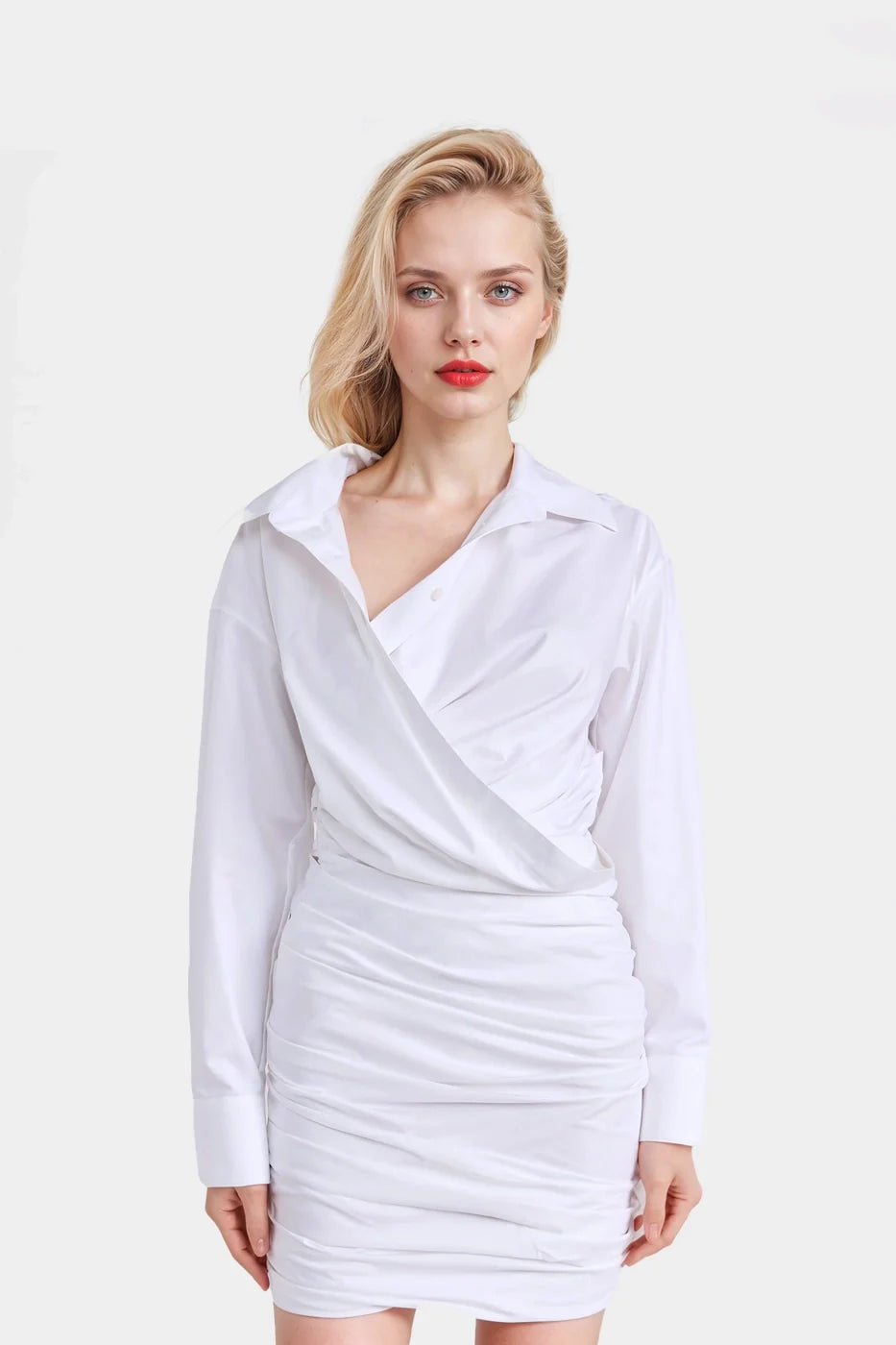 "Ivy Asymmetric White Shirt Dress with crossover bodice and elegant draping."