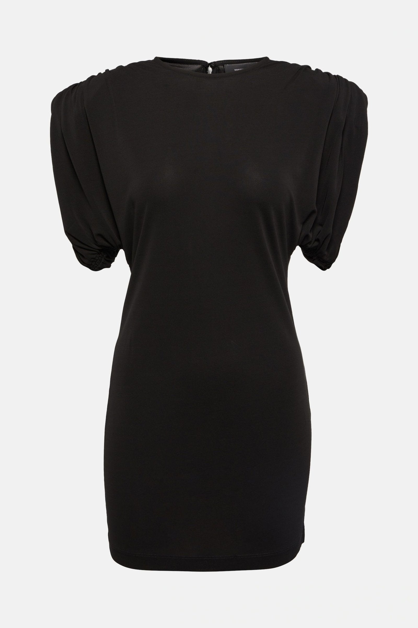 Black ruched jersey mini dresses with elegant silhouette.