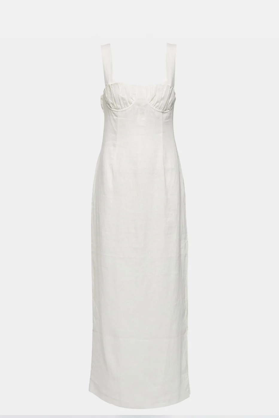 Lucy Linen Midi Dress in off-white featuring a draped bustier design for an elegant look.