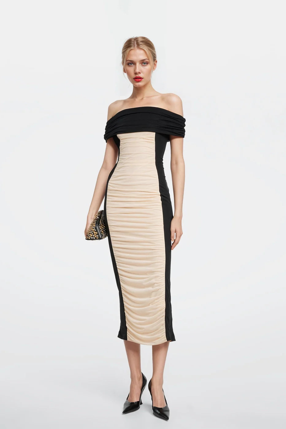 Grace Shirred Black and Beige Midi Dress | FELIPE ALBERNAZ Beige / S Grace Shirred Black and Beige Midi Dress | FELIPE ALBERNAZ Beige / S