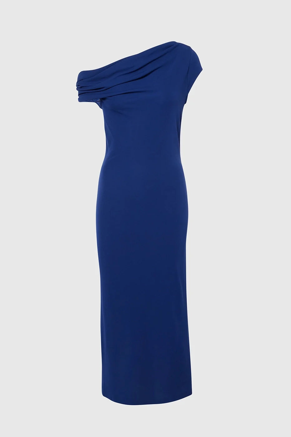 Fitted royal blue midi dresses featuring an asymmetrical neckline, perfect for evening events.