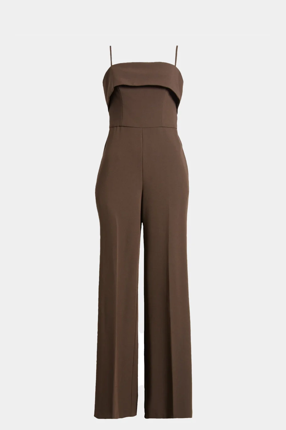 Elegant brown jumpsuit featuring on-seam hip pockets and a back zip closure.