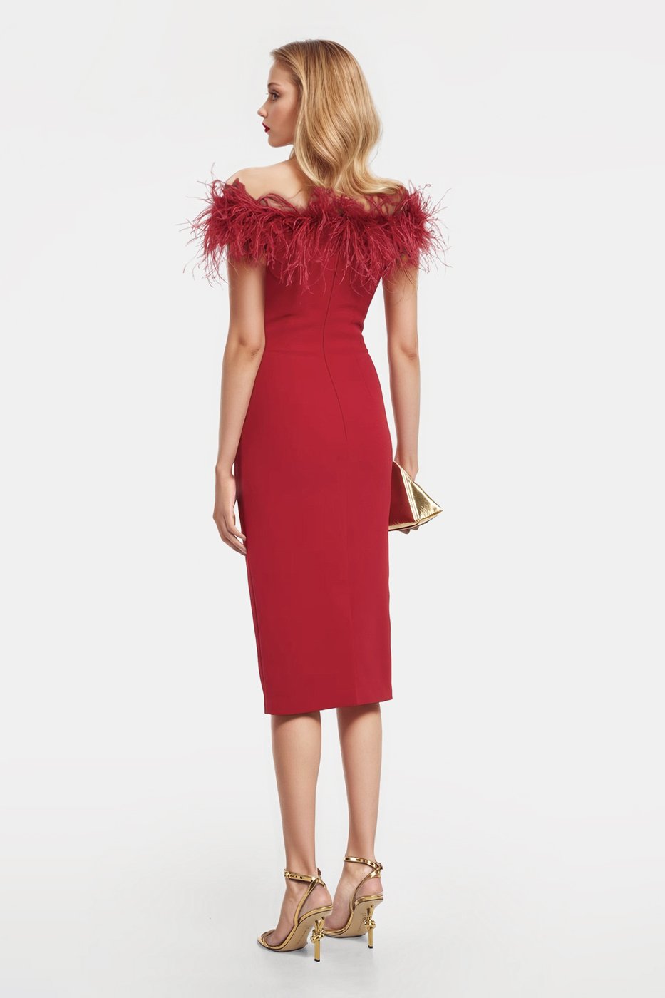Elegant off-the-shoulder midi dresses in red with delicate feather trimming.