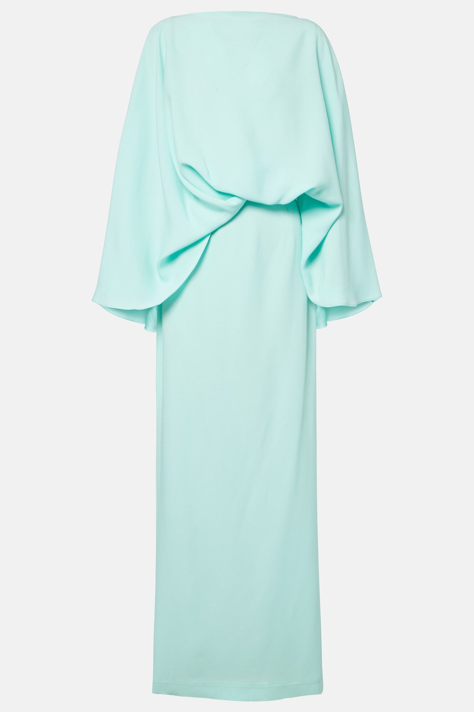 Elegant green draped dress with sculptural top and flowing maxi skirt product view