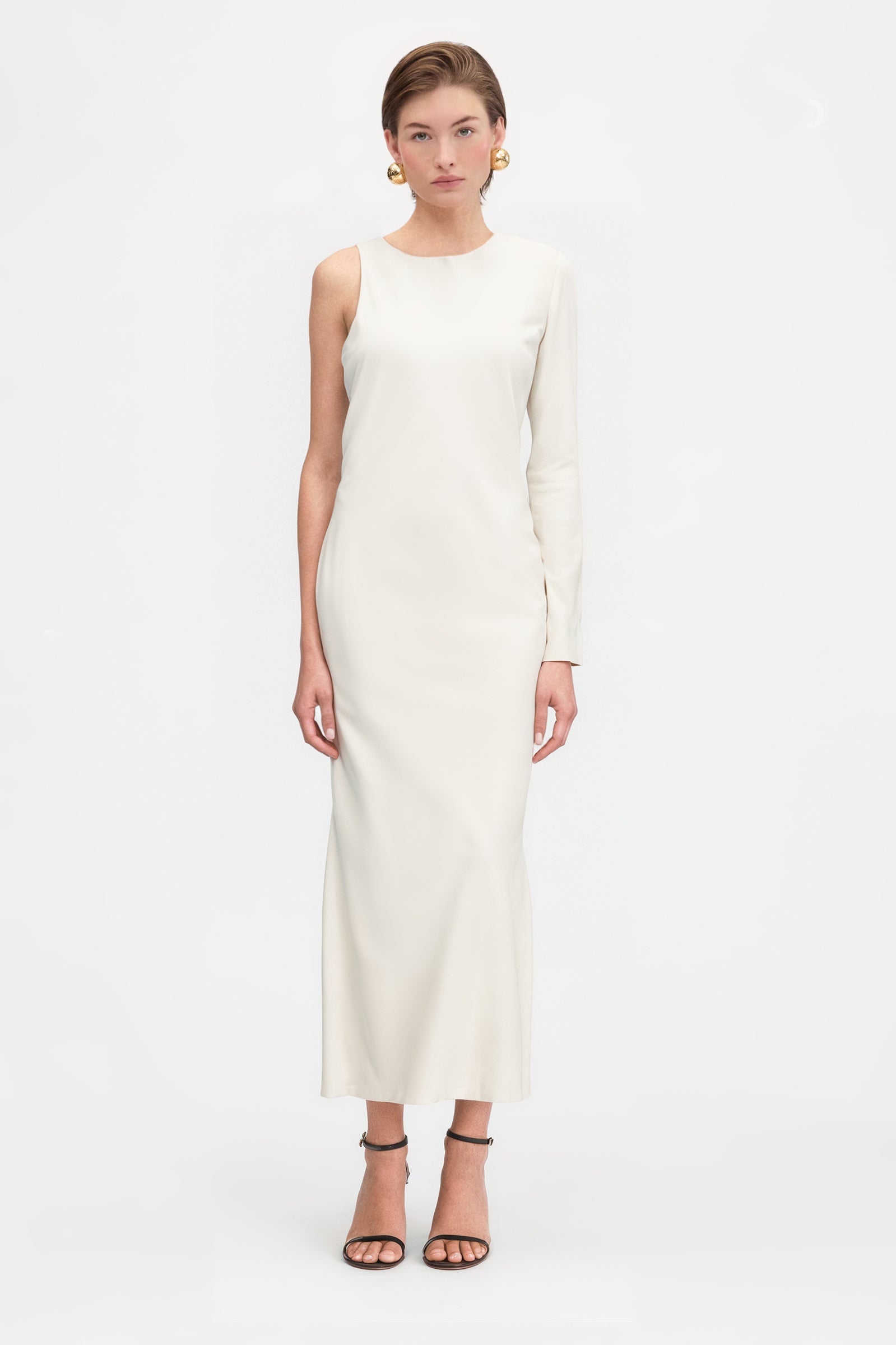 Elegant one-sleeve off-white midi dress for evening events