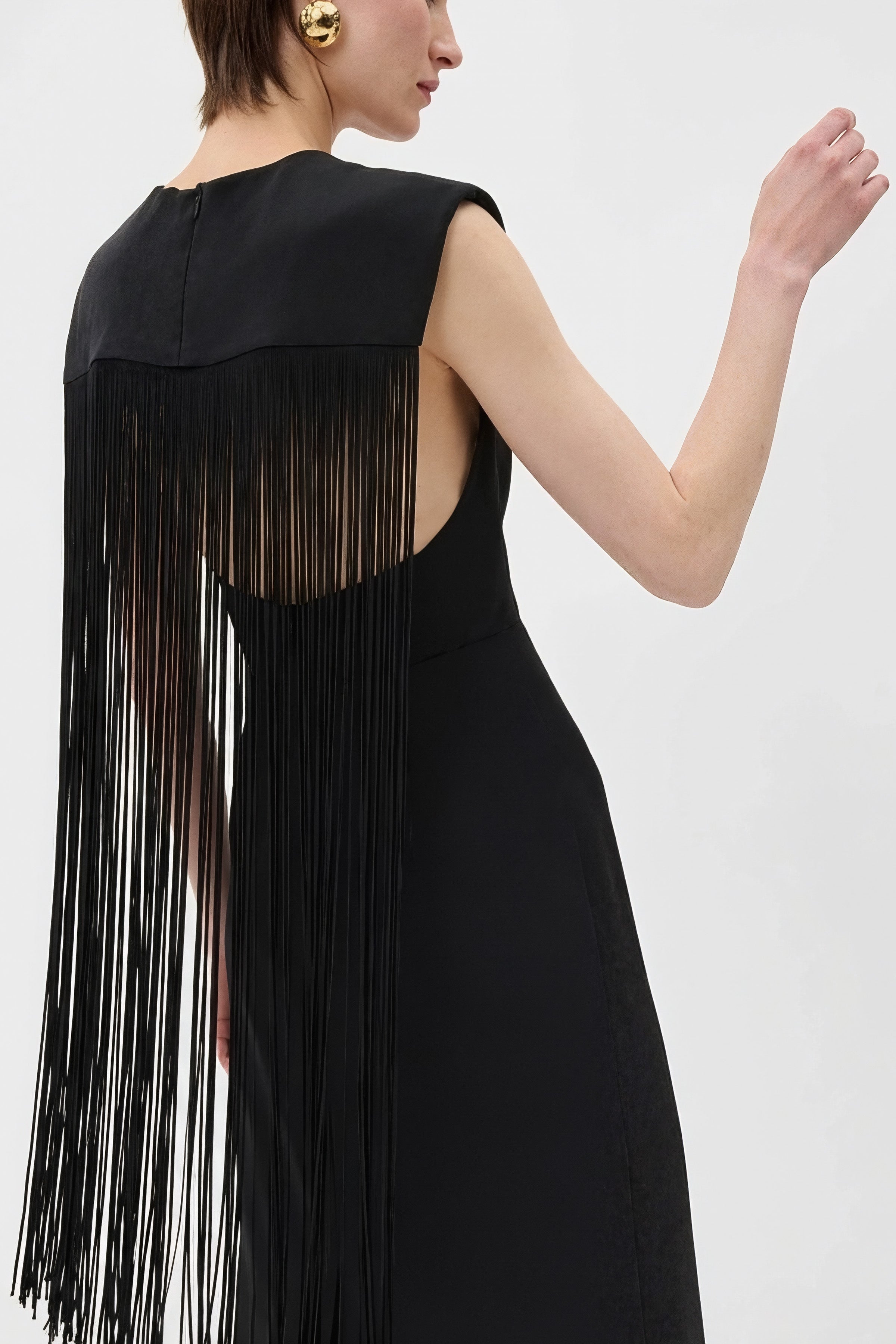 fringe backless black dress back view
