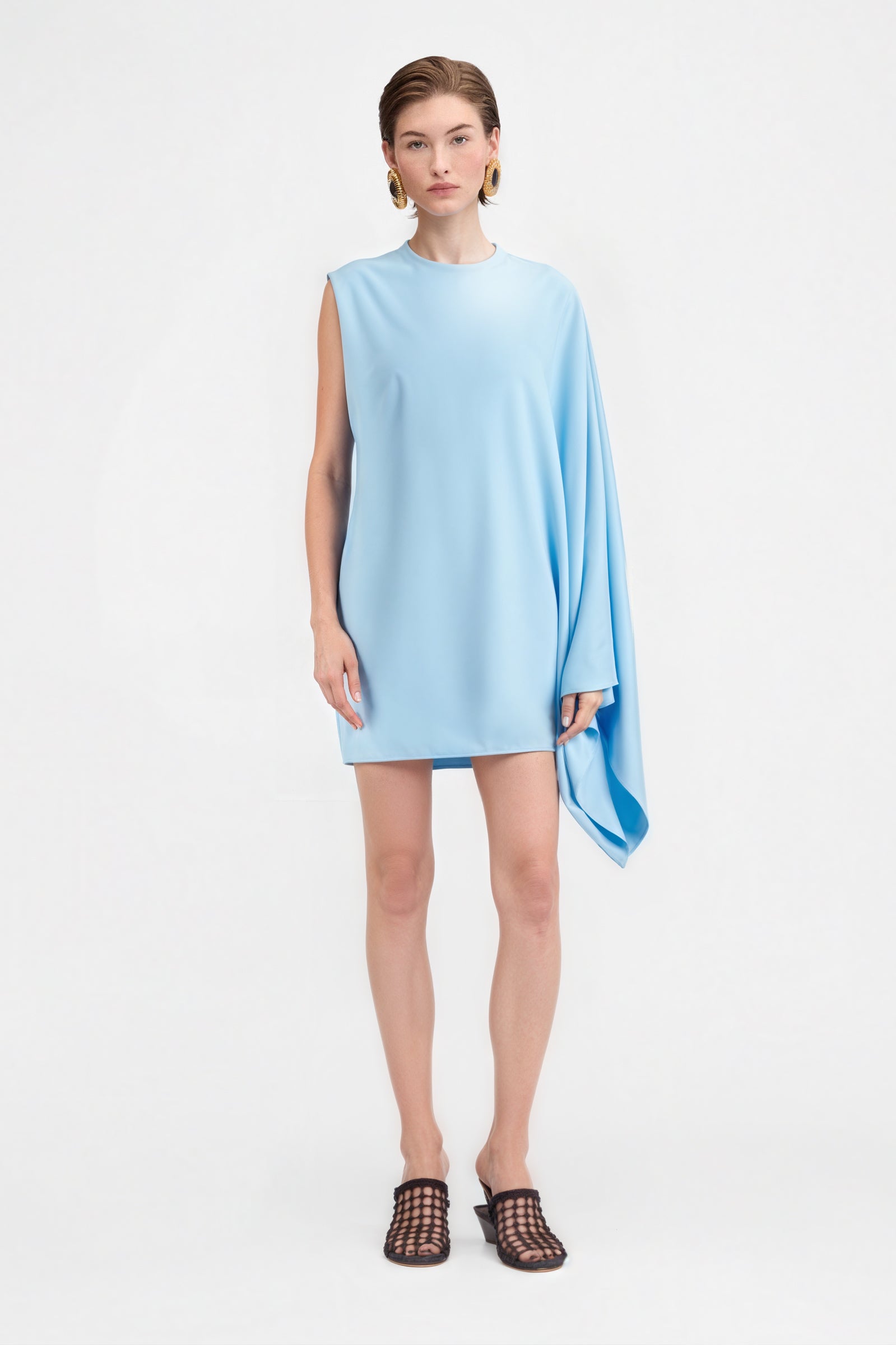 Elegant asymmetric blue light dress front view