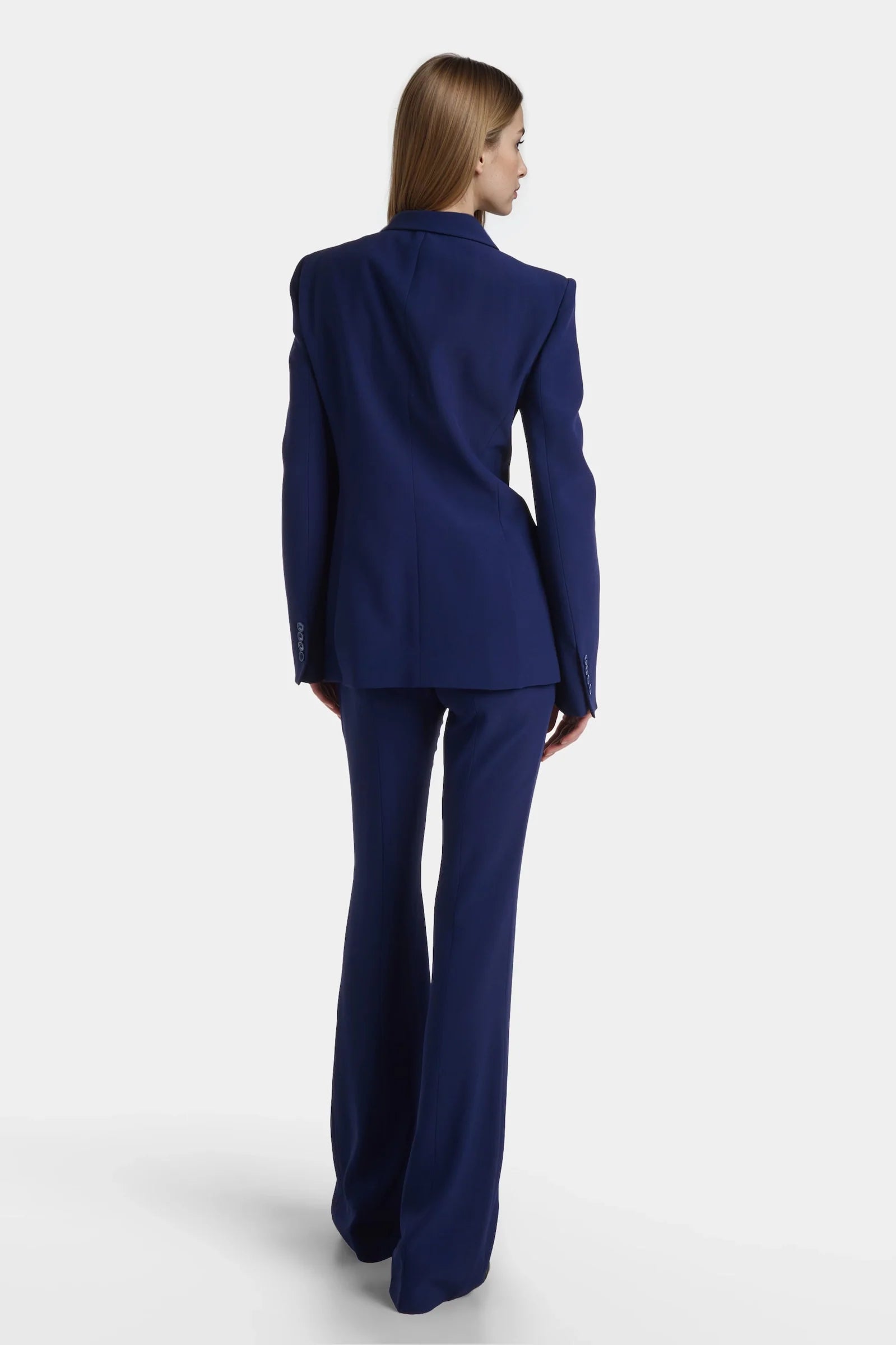 Blue tailored crepe blazer on model – back view