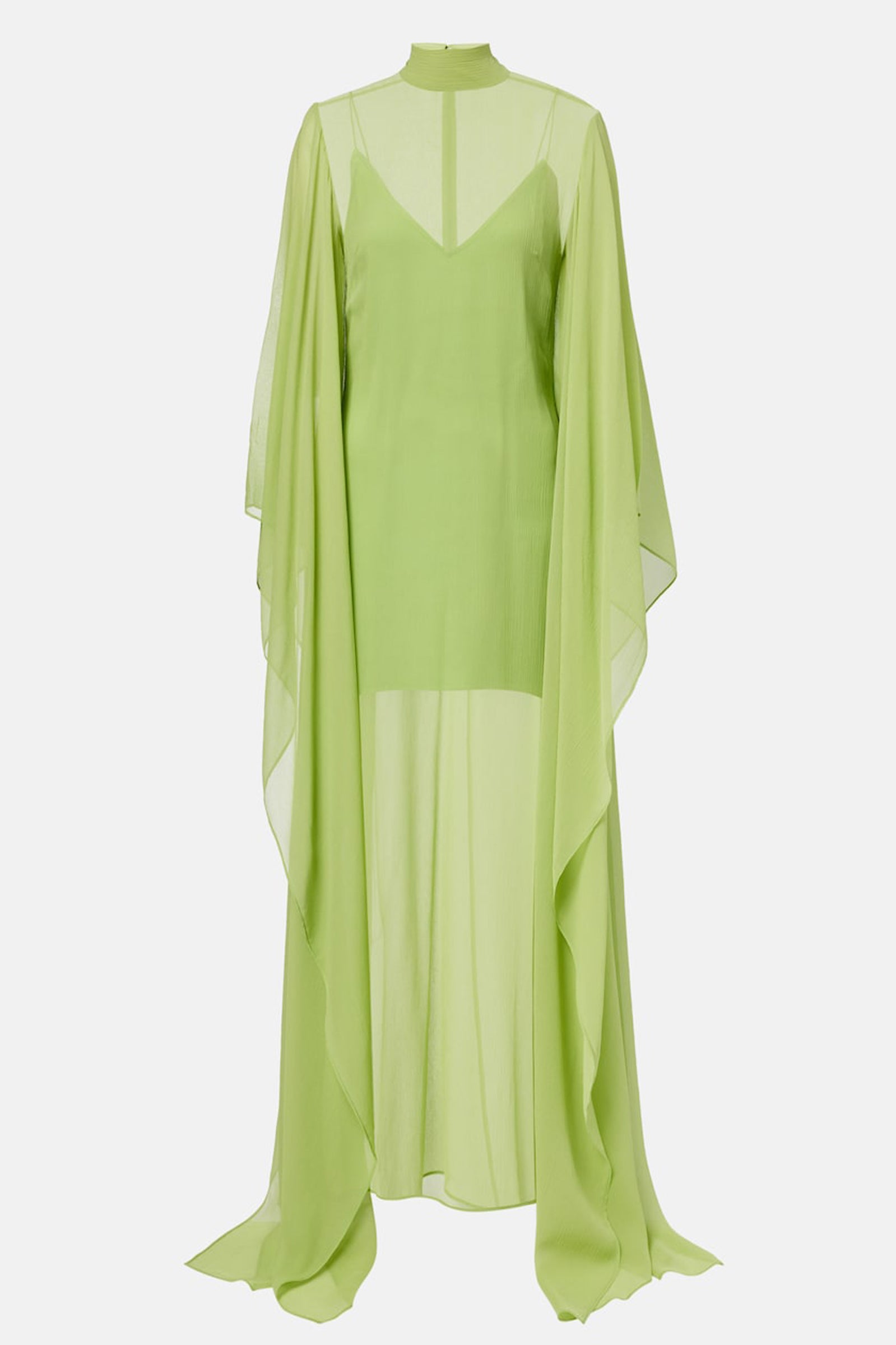 Vestido estilo capa de gasa verde lima transparente con cuello alto