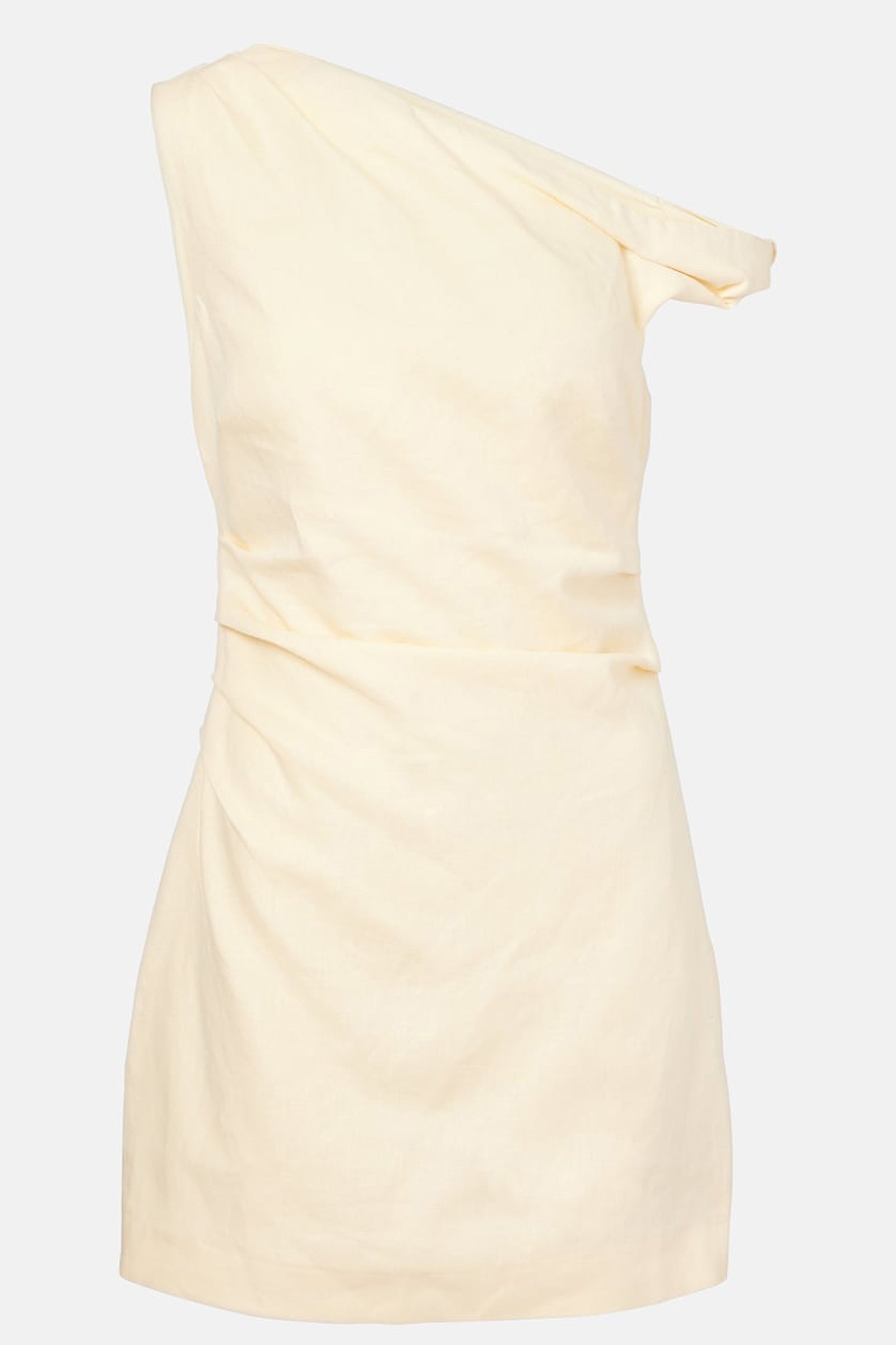 Product pic of the yellow linen mini dress, clearly showing the one-shoulder design, draped front, and mini length.