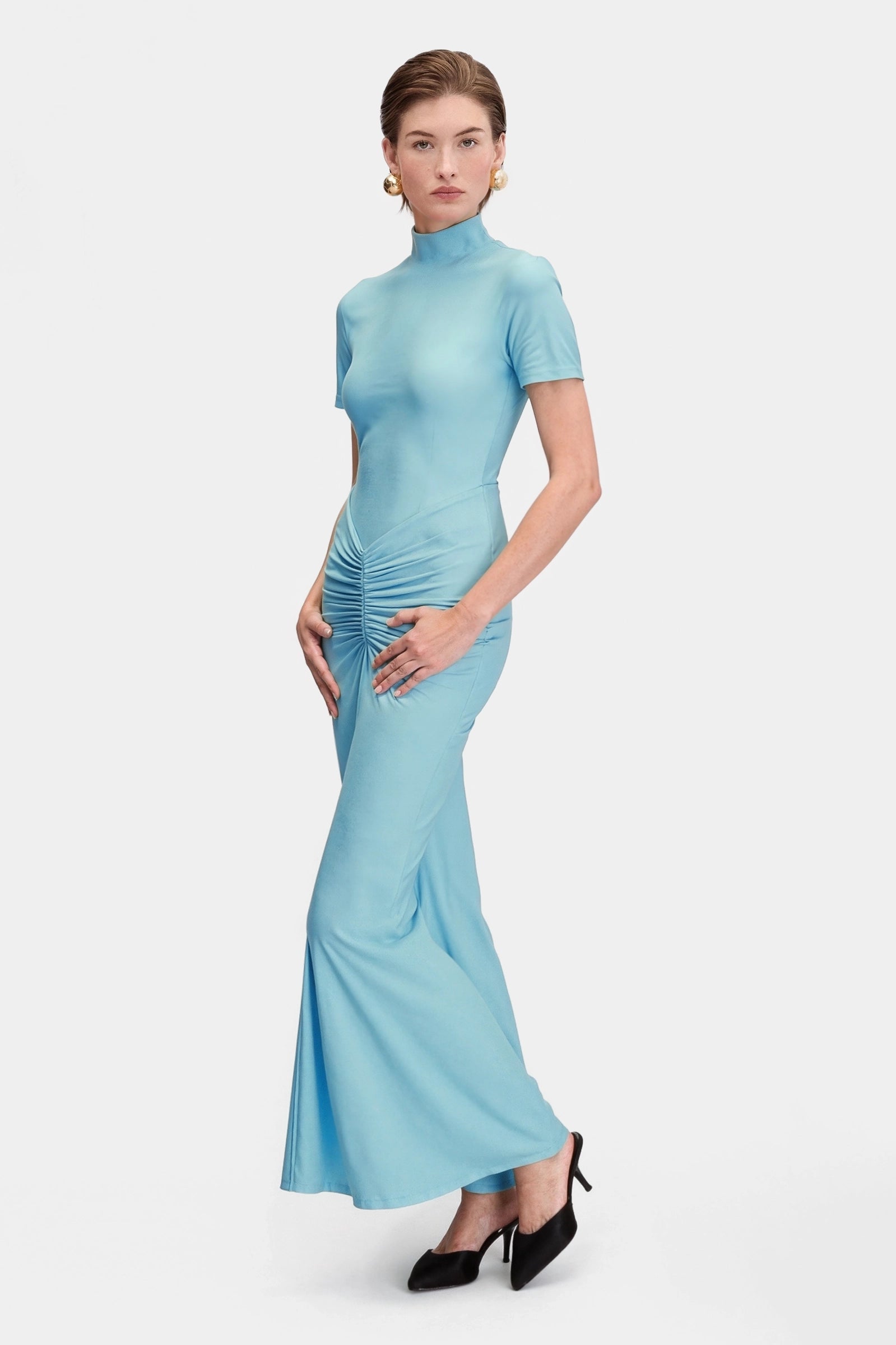 draped jersey mididress in light blue