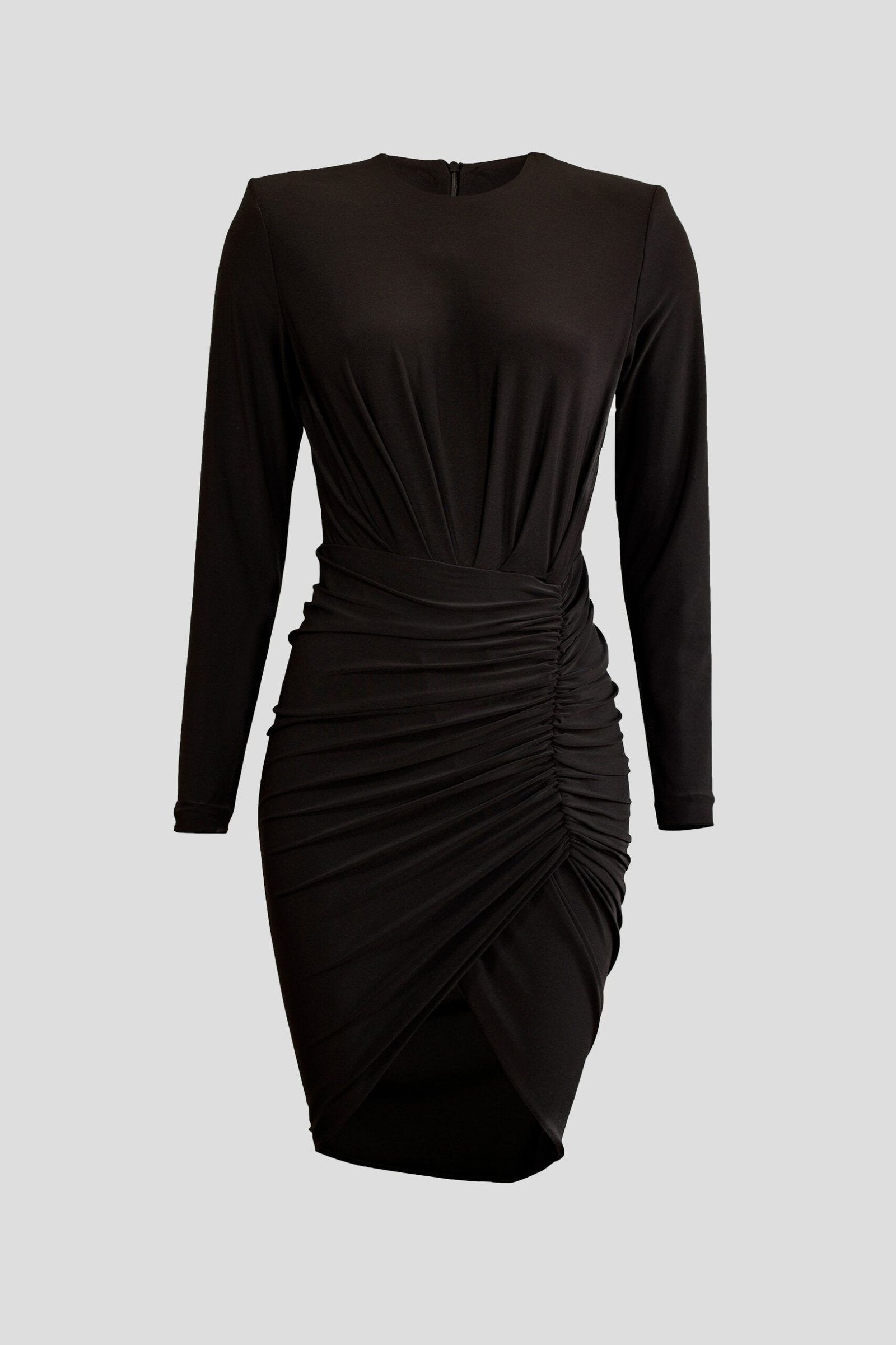 Stylish black crepe dresses with ruched skirt detail