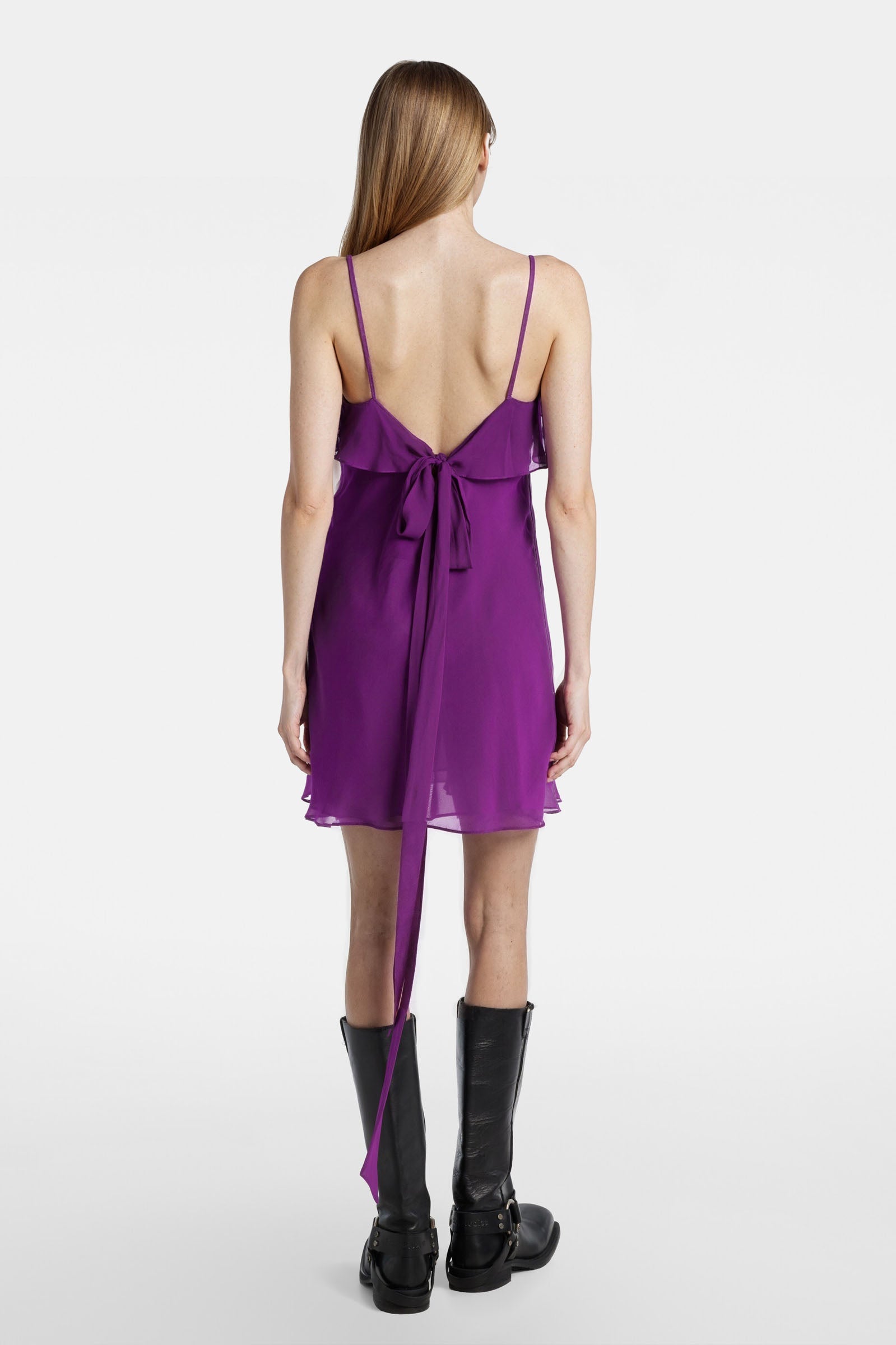 Purple short dress with open back and bow – back view
