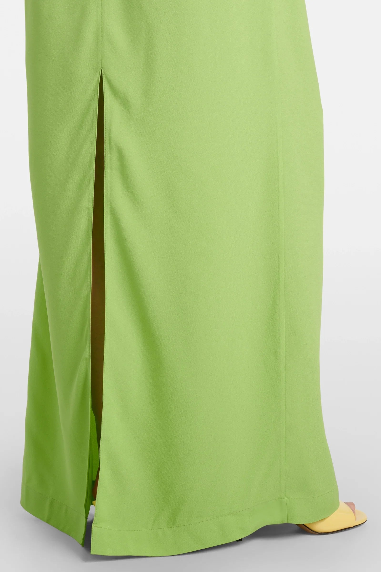 Full length green crepe long dress with high neckline