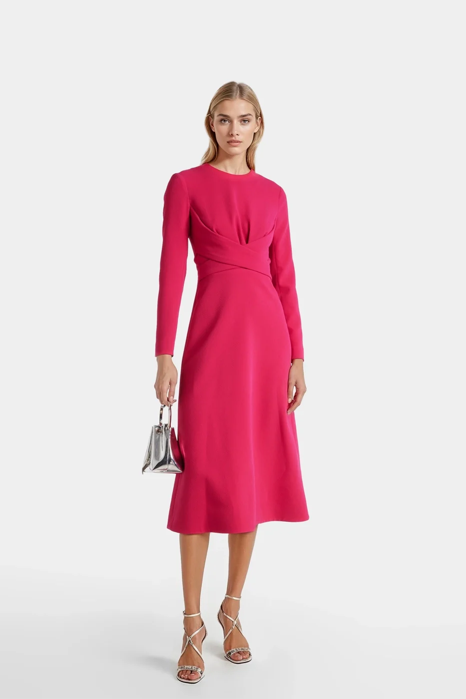 Crepe Long-Sleeve Fuchsia Midi Dress in vibrant fuchsia, highlighting intersecting straps at the waist.