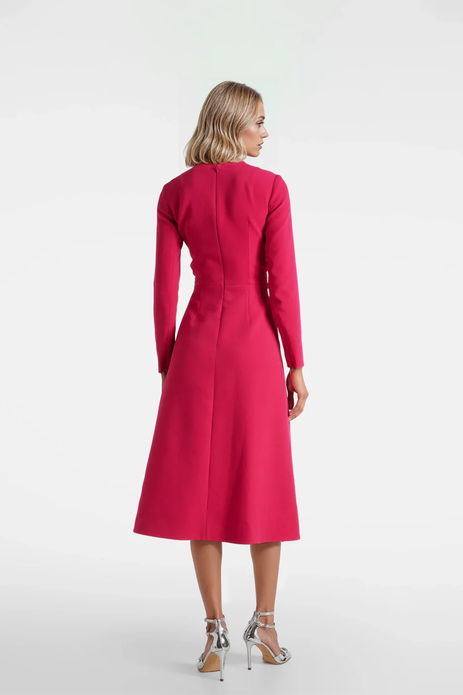 Crepe Long-Sleeve Fuchsia Midi Dress