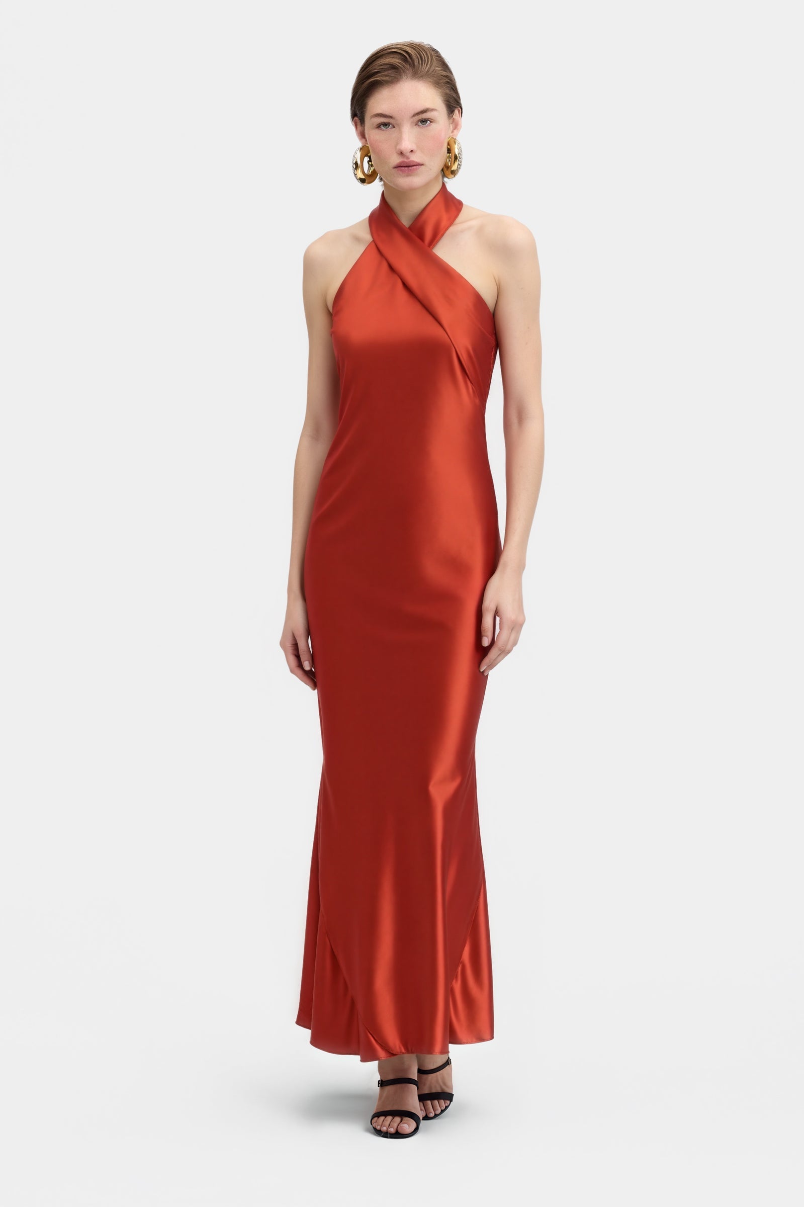 strapless open back dress Satin Halterneck Maxi Dress in Rust Red