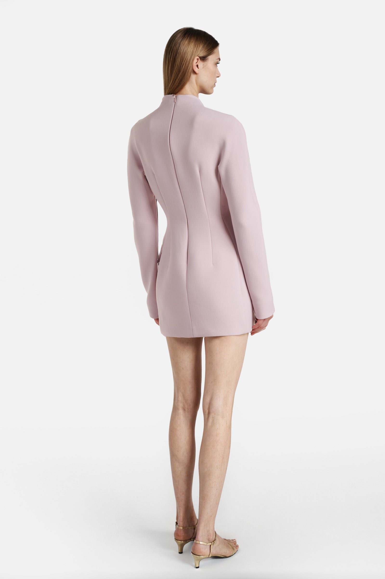 Back view of long-sleeve lilac mini dress with hidden zip and high neck