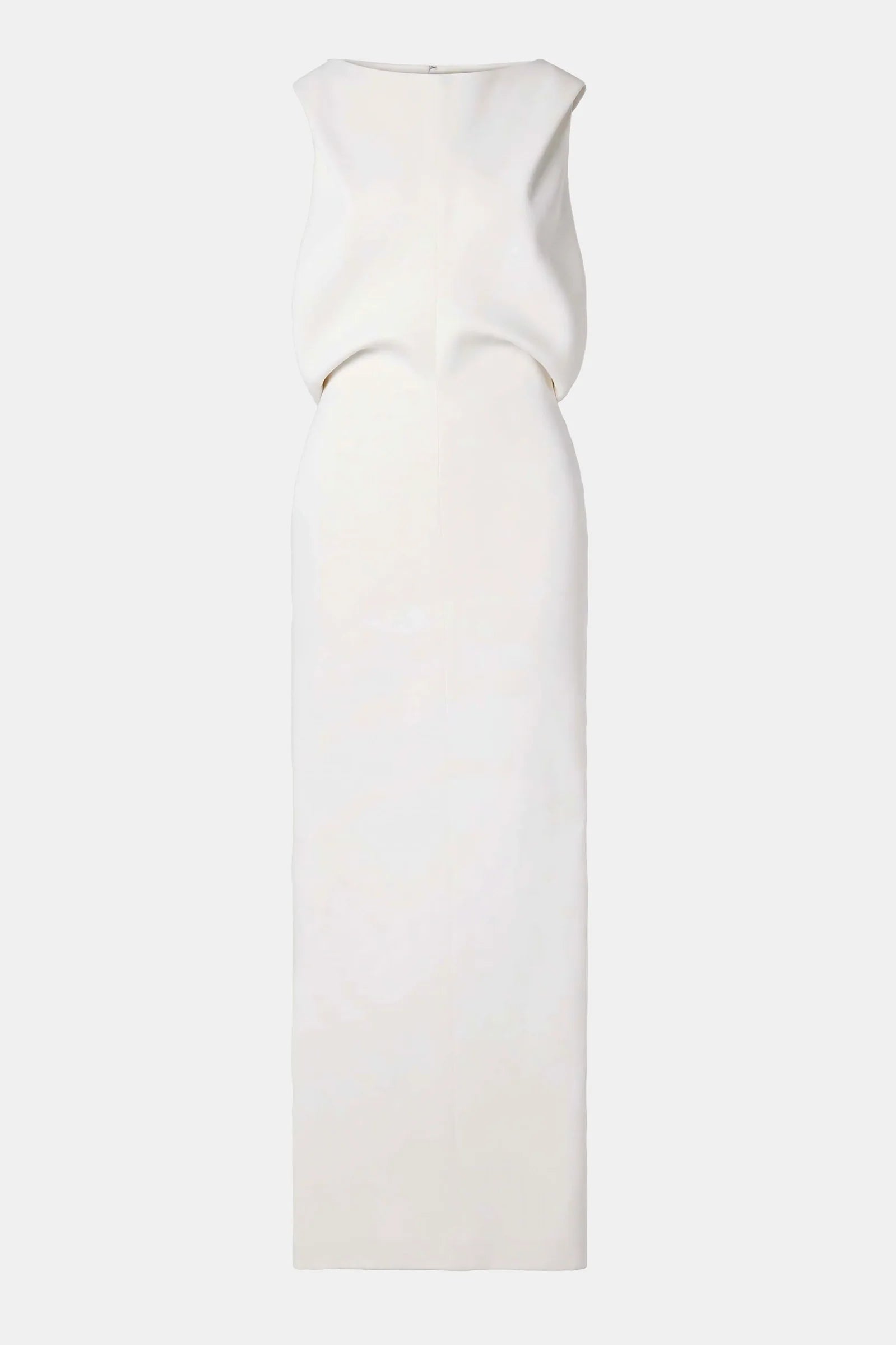 Ivory draped crepe midi dress with back slit, rear view.