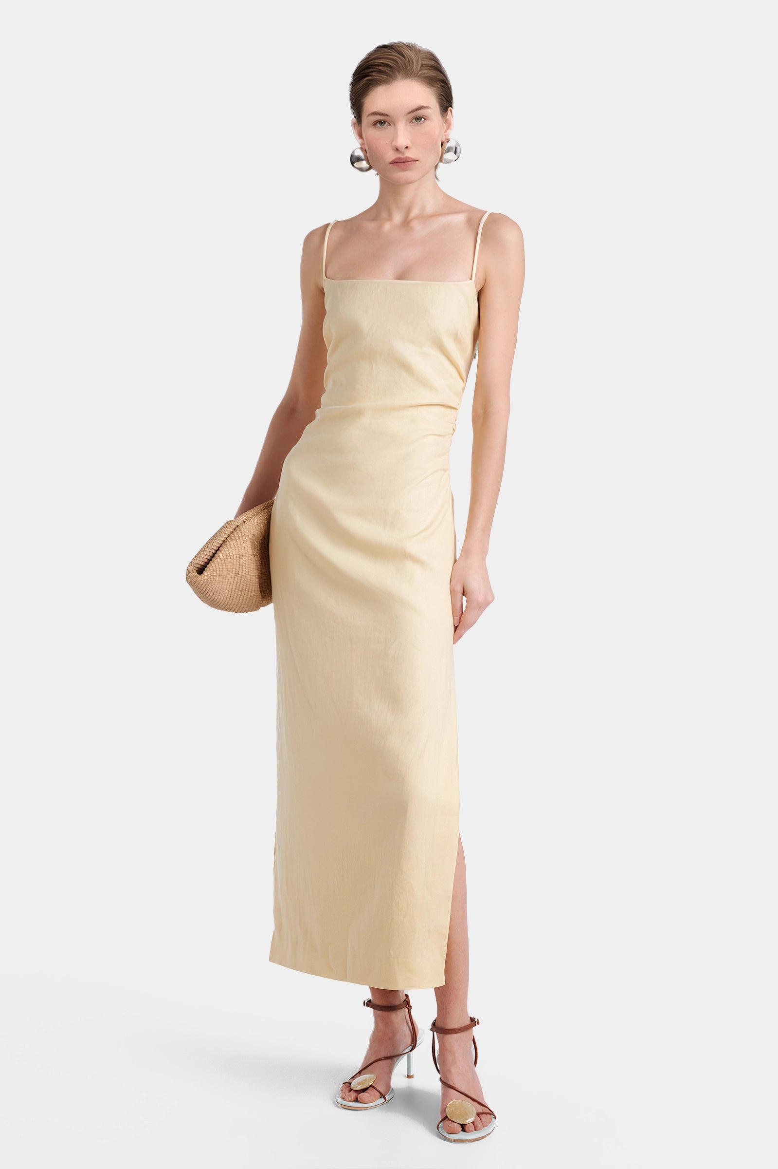 Yellow linen mididress front view