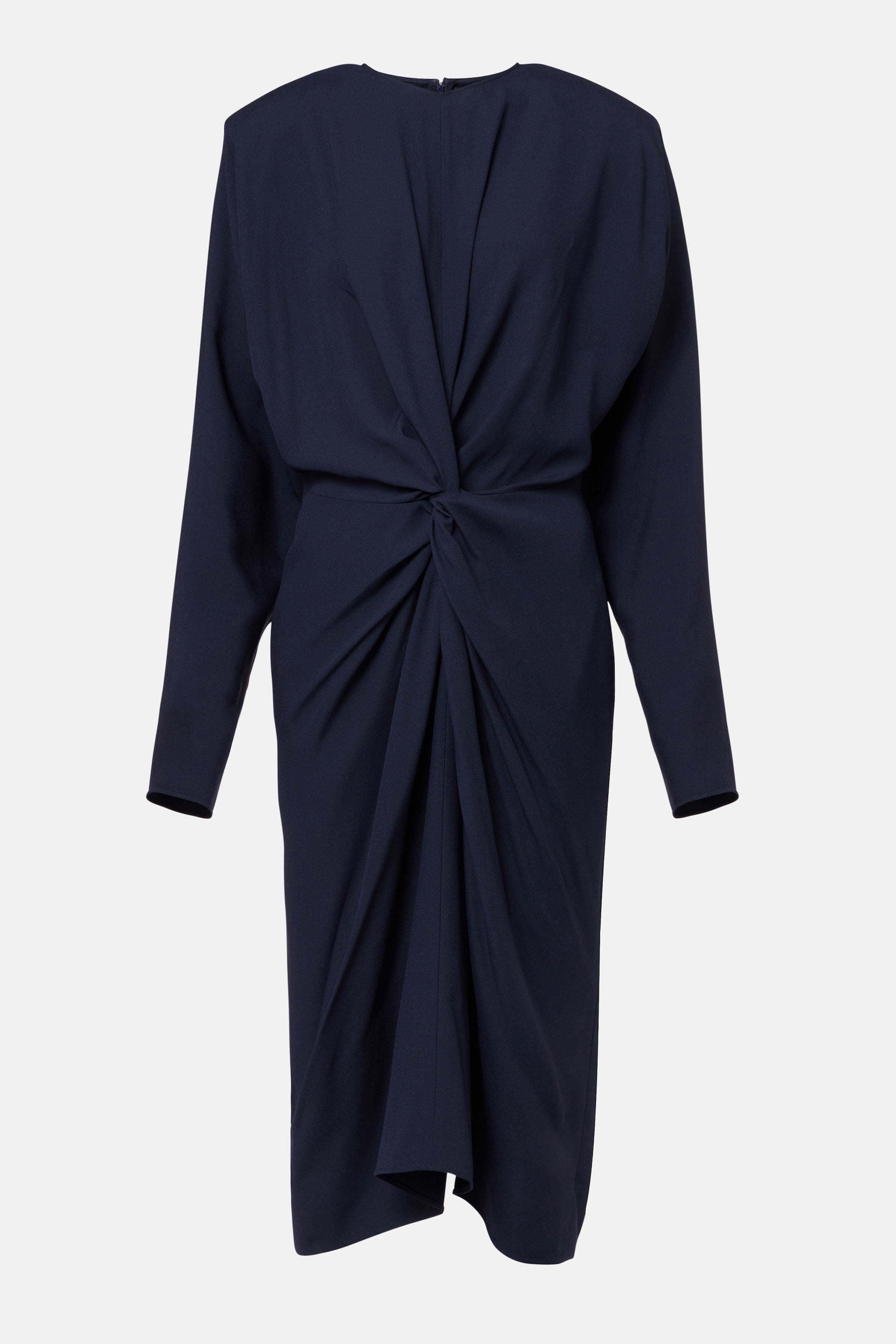 Profile view of Felipe Albernaz Nok Navy Dress – structured shoulder and elegant drape in navy crepe