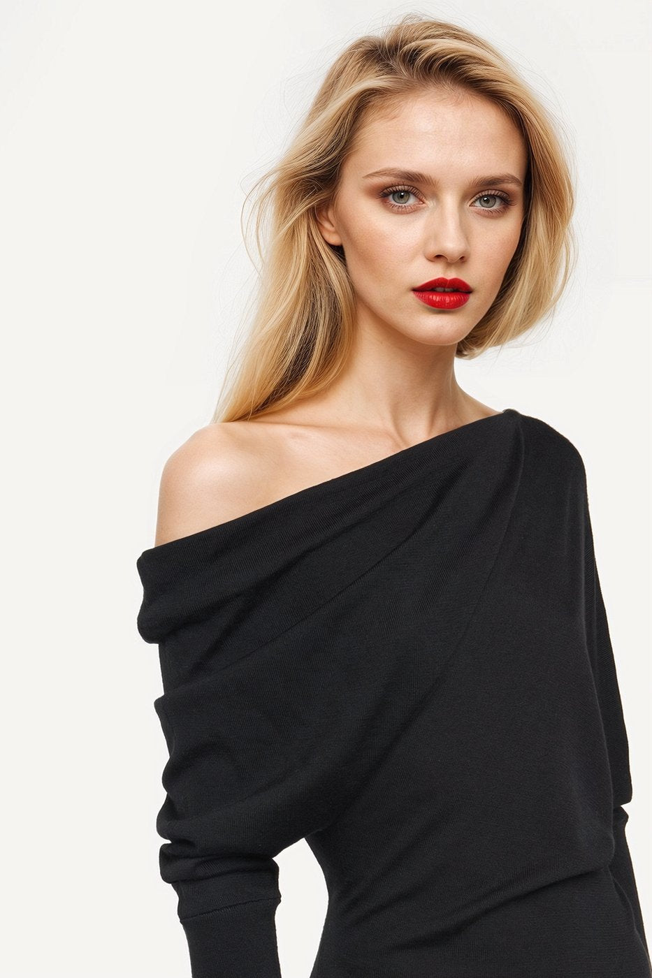 Sustainable black midi dresses made from Tencel with off-shoulder style for comfort.