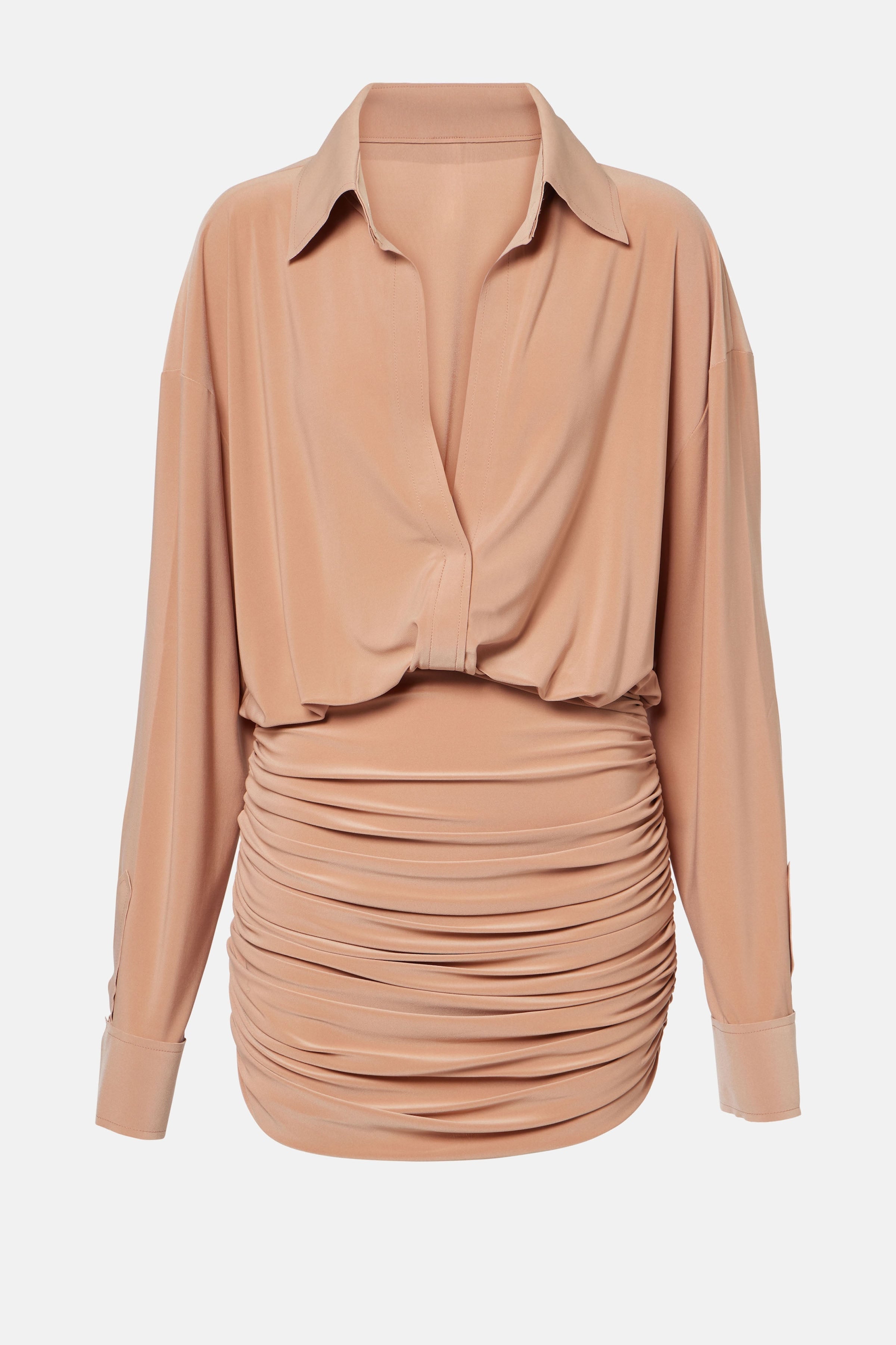 Front flat lay of brown ruched shirt mini dress – deep neckline and fitted shirred waist by Felipe Albernaz