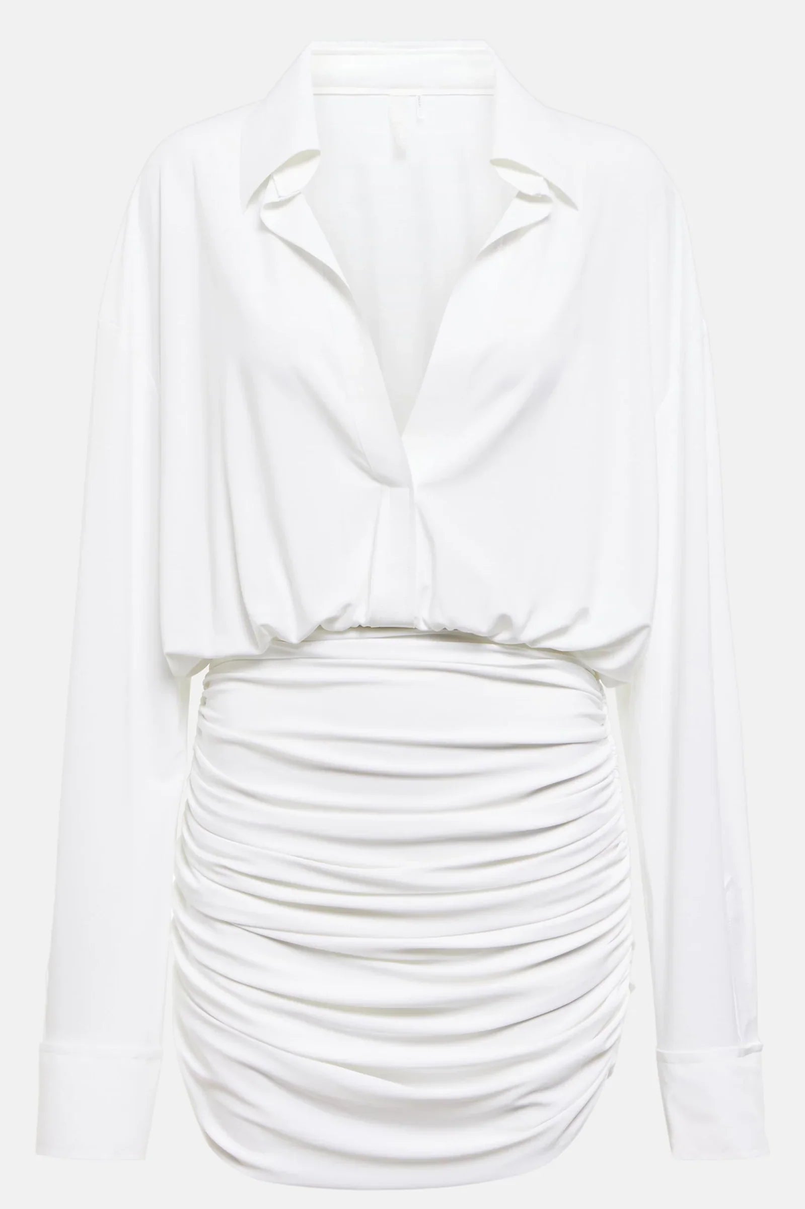 Detail of shirt collar and drape – white shirred mini dress