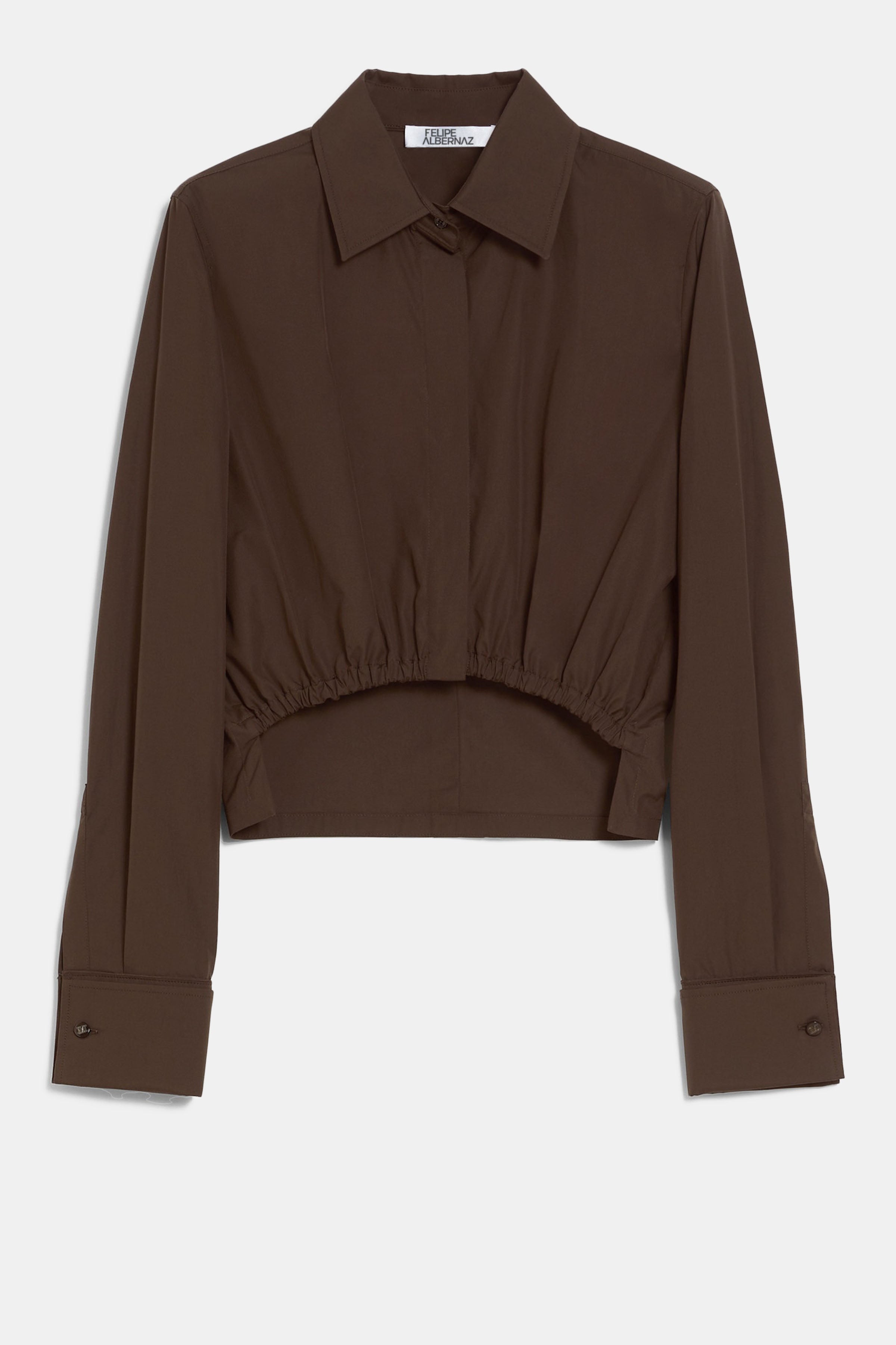 Cropped brown shirt by Felipe Albernaz – flat lay front view highlighting elastic hem and tailored collar