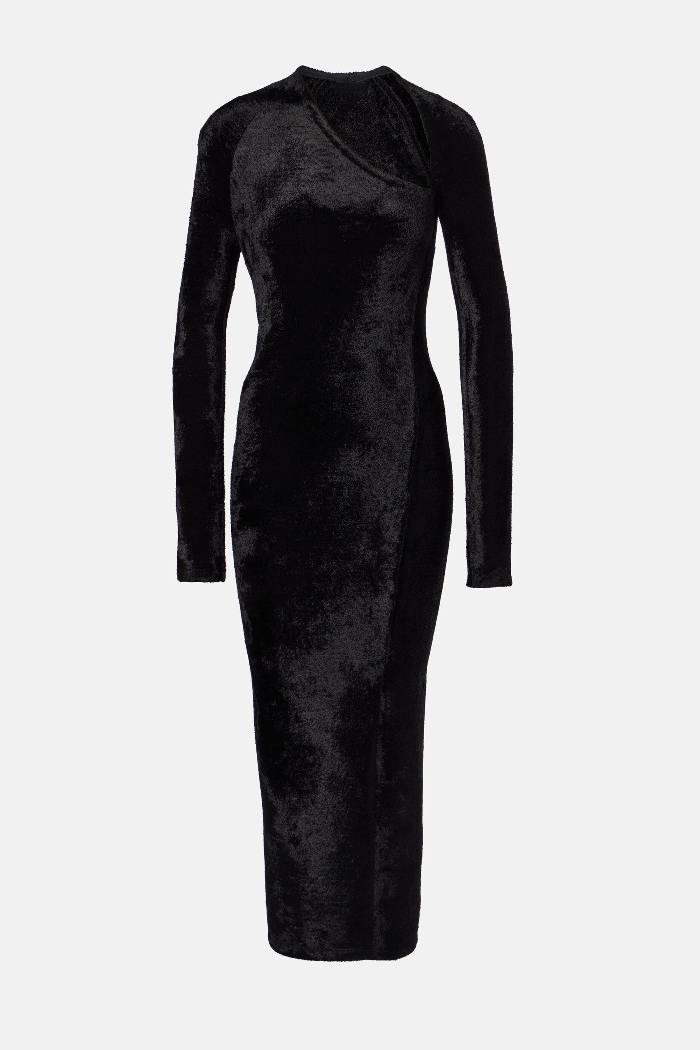 Front view of asymmetric neckline and body-hugging velvet silhouette