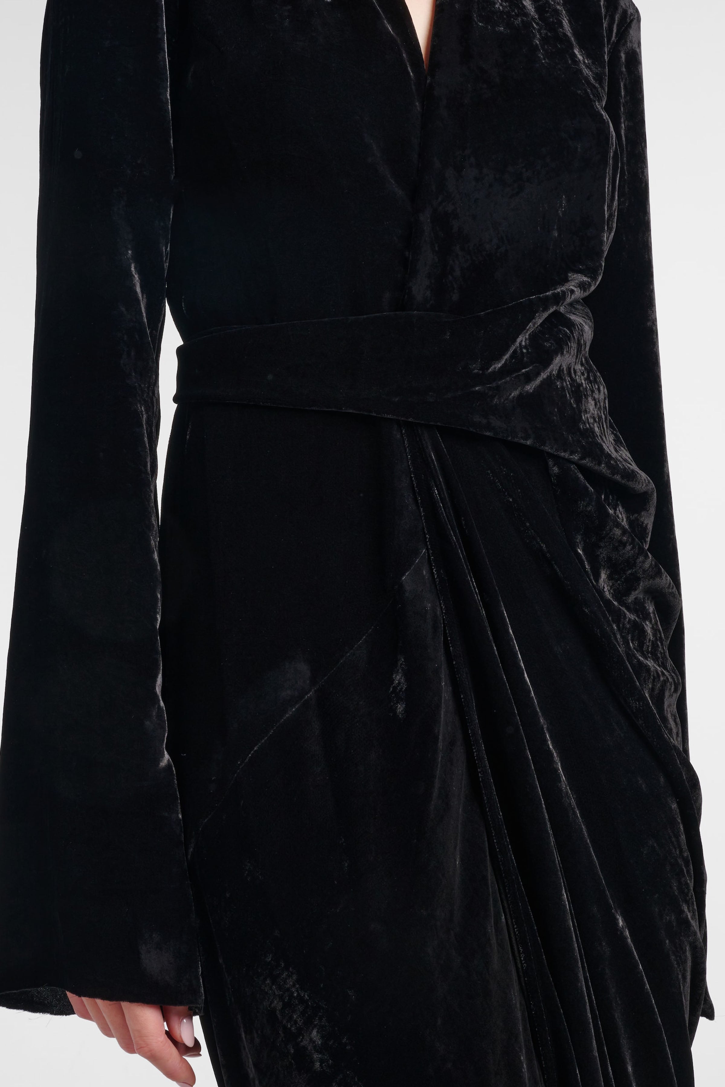 Draped front detail of Felipe Albernaz Velvet Wrap Black Dress – sculptural velvet texture