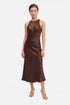 Model wearing chocolate satin midi dress, front view, standing still.